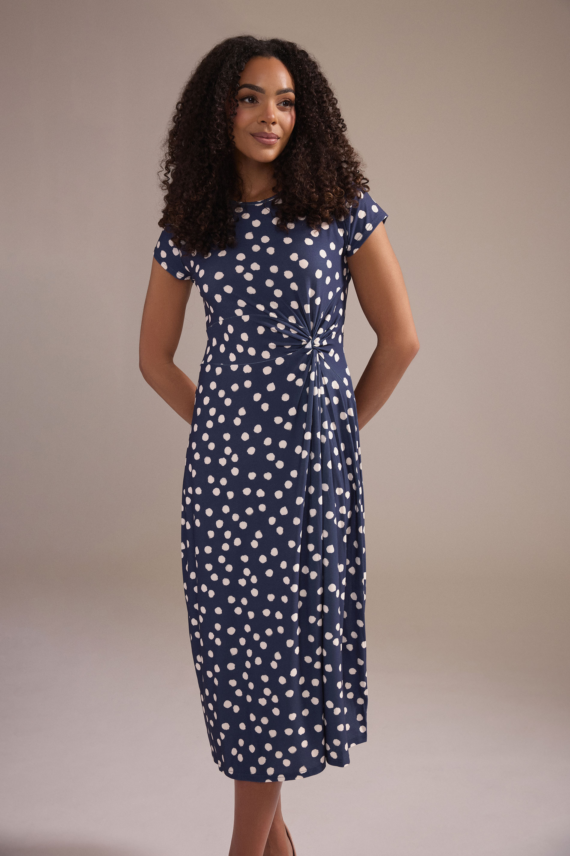 M&Co Navy Blue Polka Dot Side Twist Midi Dress | M&Co 3