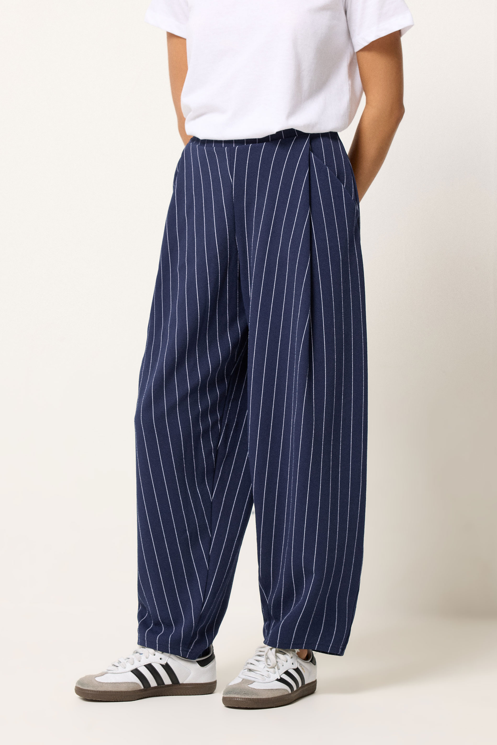 PixieGirl Petite Womens Navy Blue Stripe Barrel Leg Trousers | PixieGirl 1