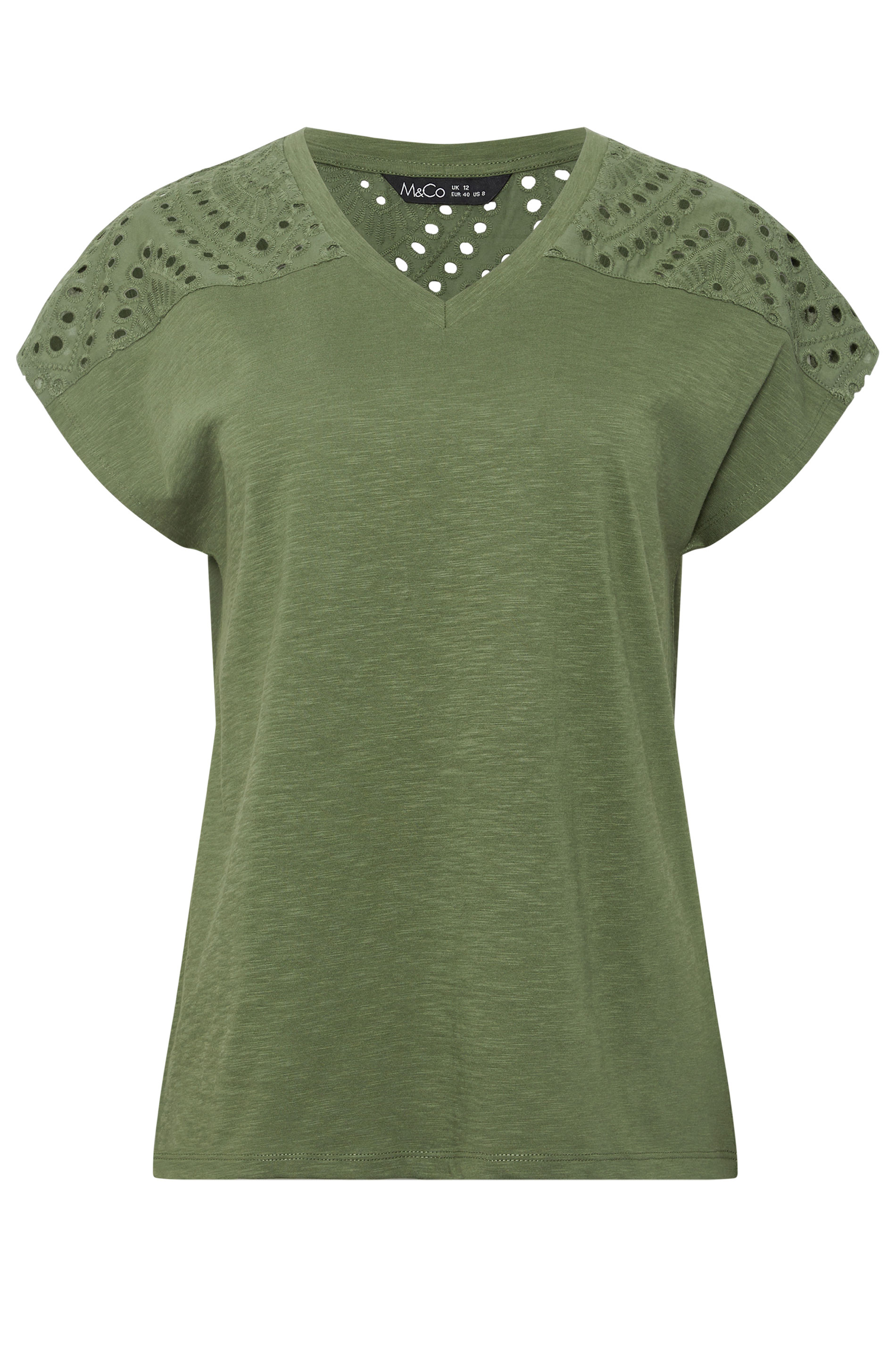M&Co Khaki Green Broderie V-Neck Cotton T-Shirt | M&Co 5