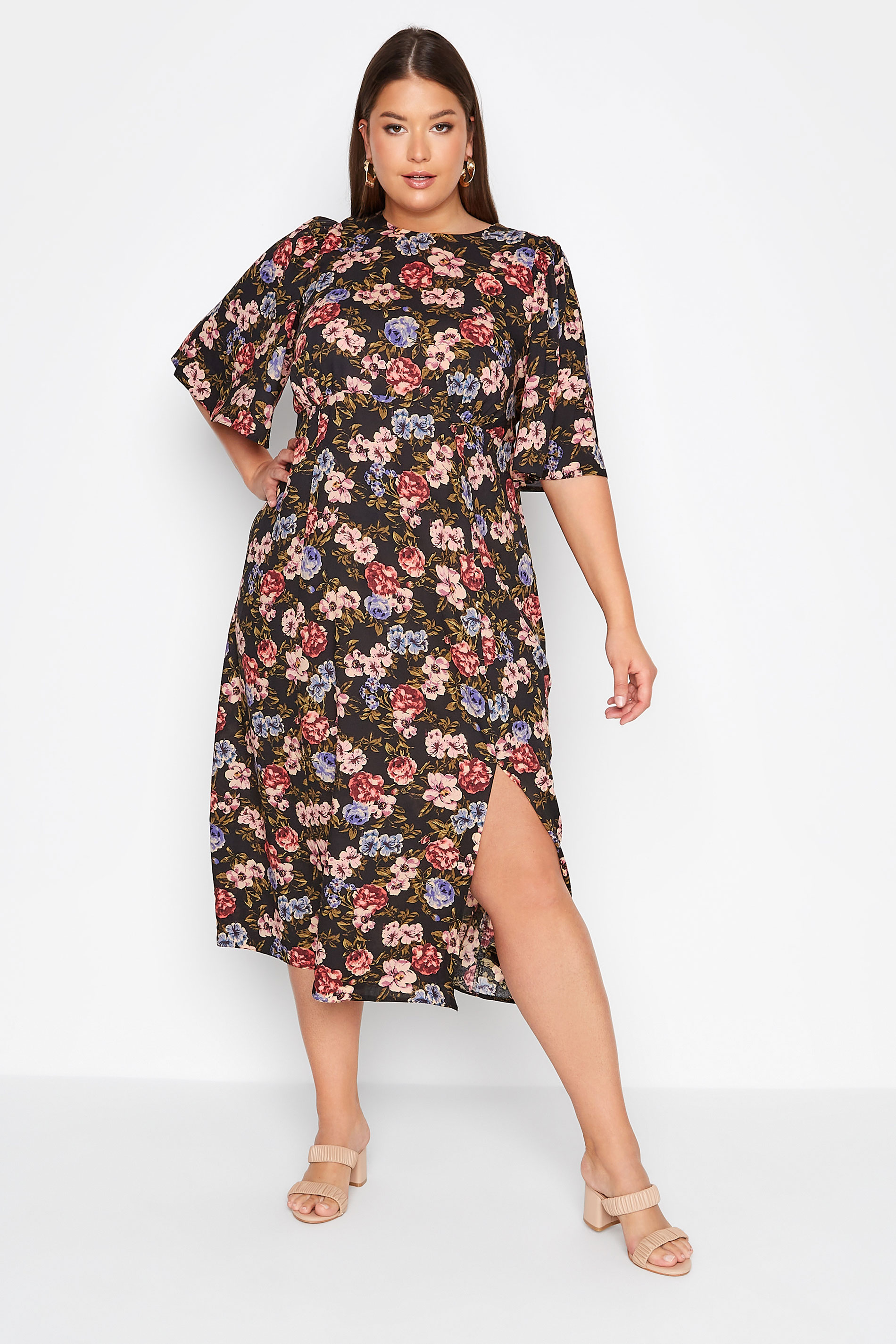 Plus Size Black Floral Print Side Split Midi Dress | Yours Clothing 2