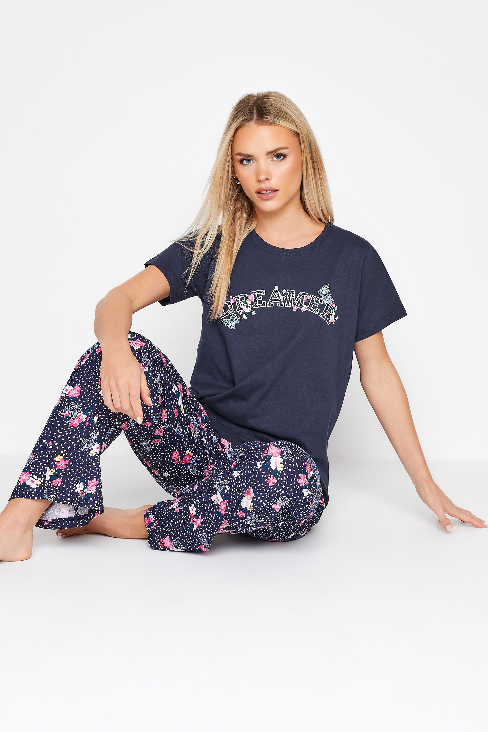 Petite Navy Blue 'Dreamer' Floral Print Pyjama Set | PixieGirl  1
