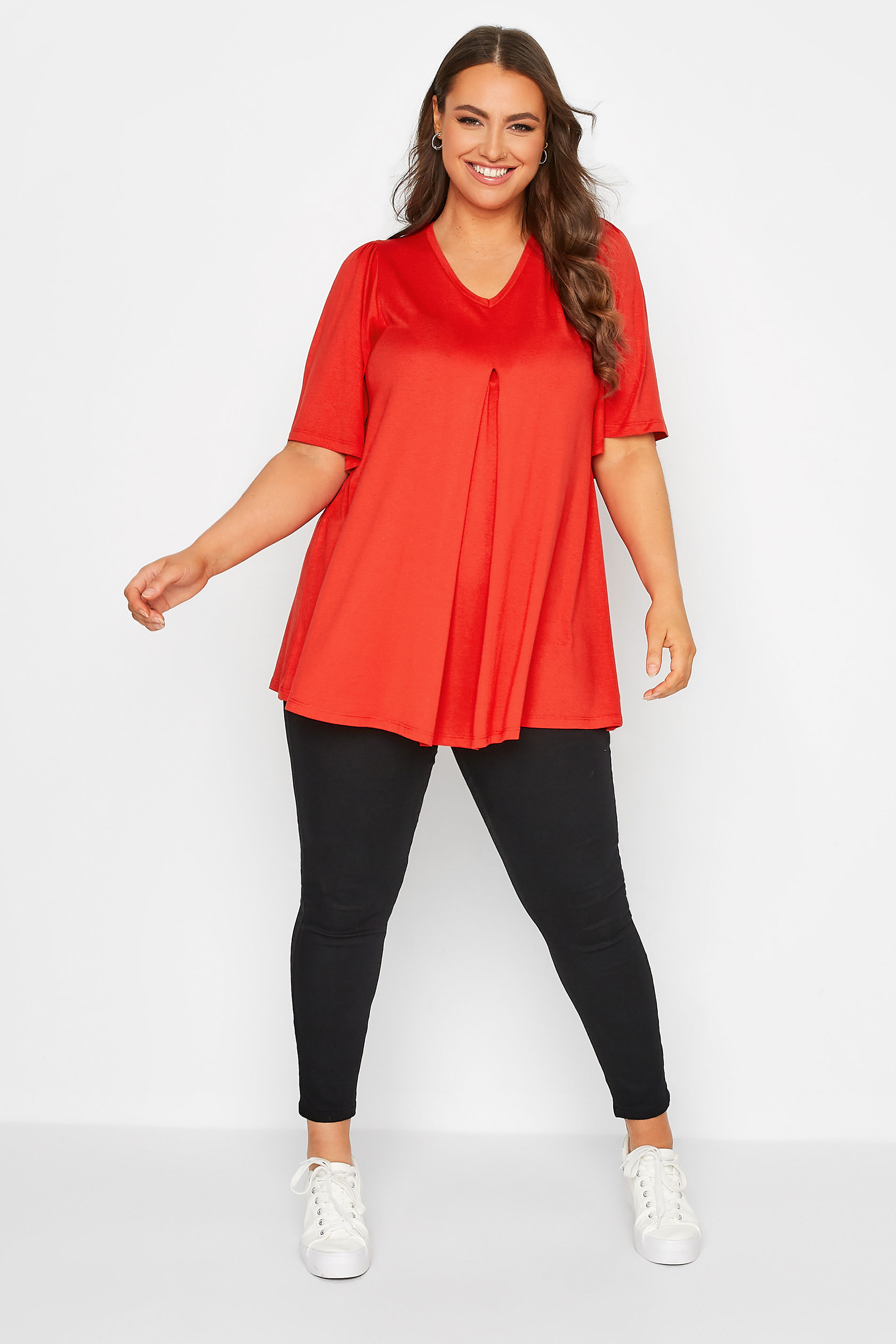 Plus Size Red Pleat Angel Sleeve Swing Top | Yours Clothing 2