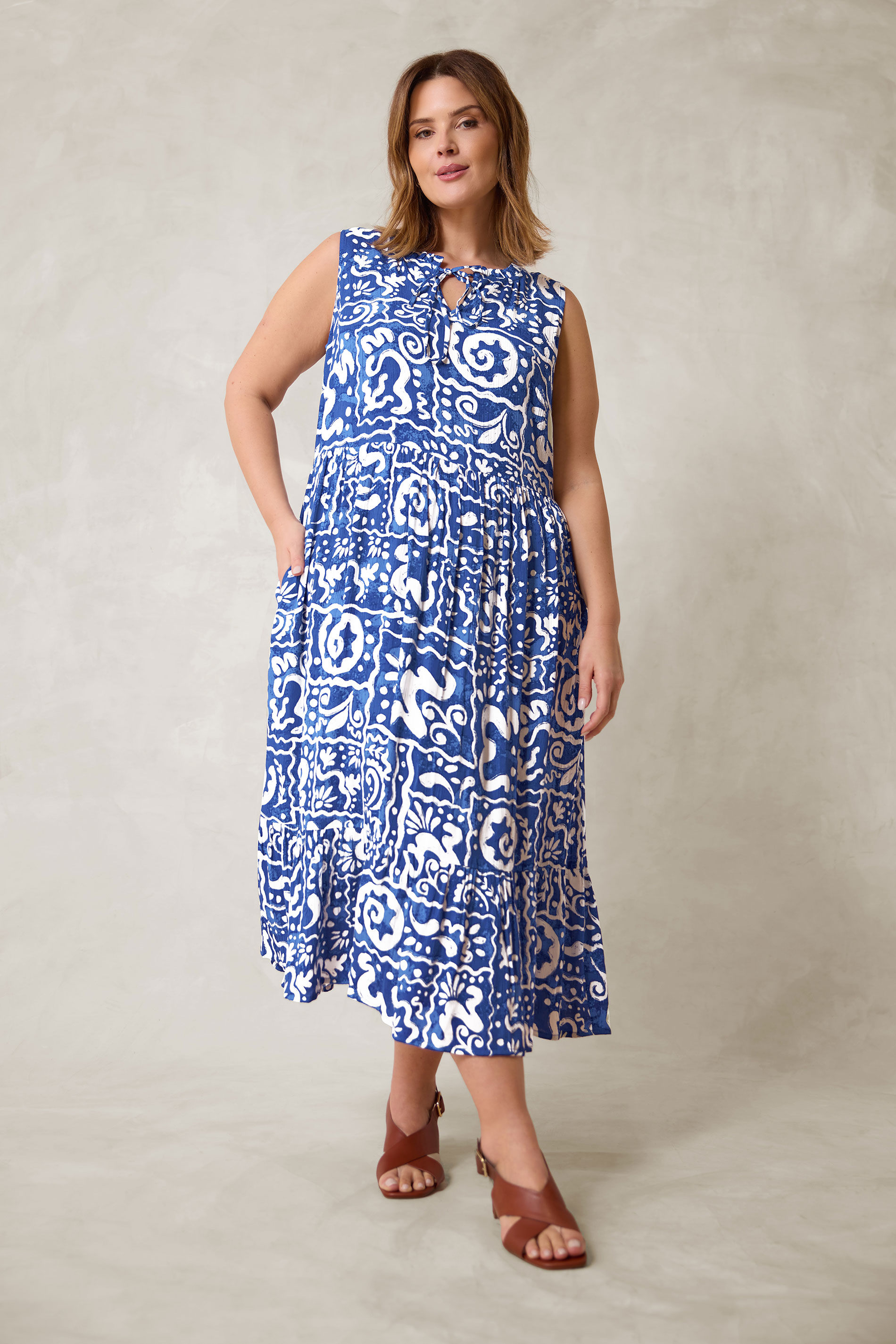 EVANS Plus Size Blue Abstract Print Tie Neck Maxi Dress | Evans 3