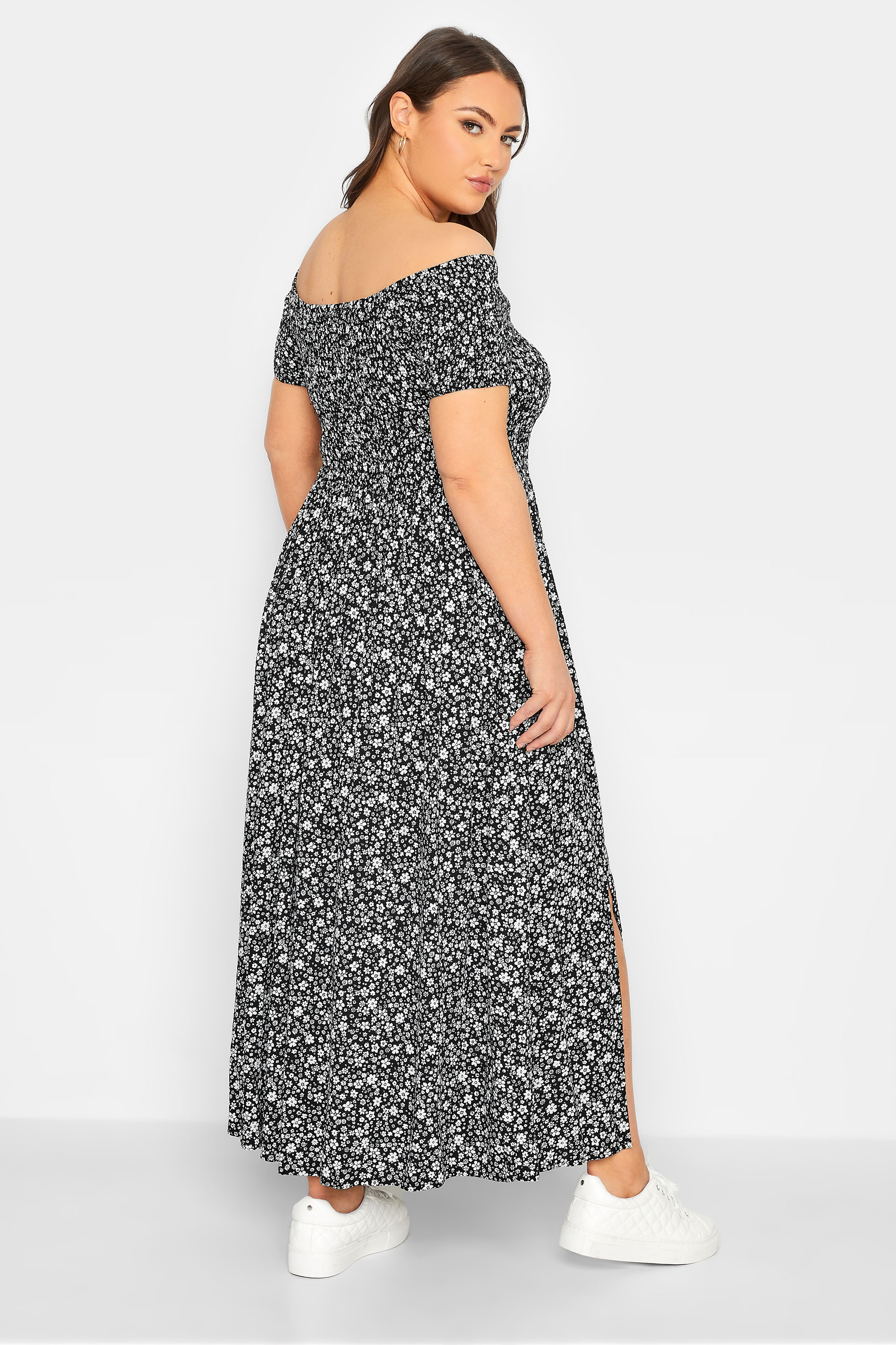 Plus Size Black Floral Shirred Bardot Maxi Dress | Yours Clothing 3