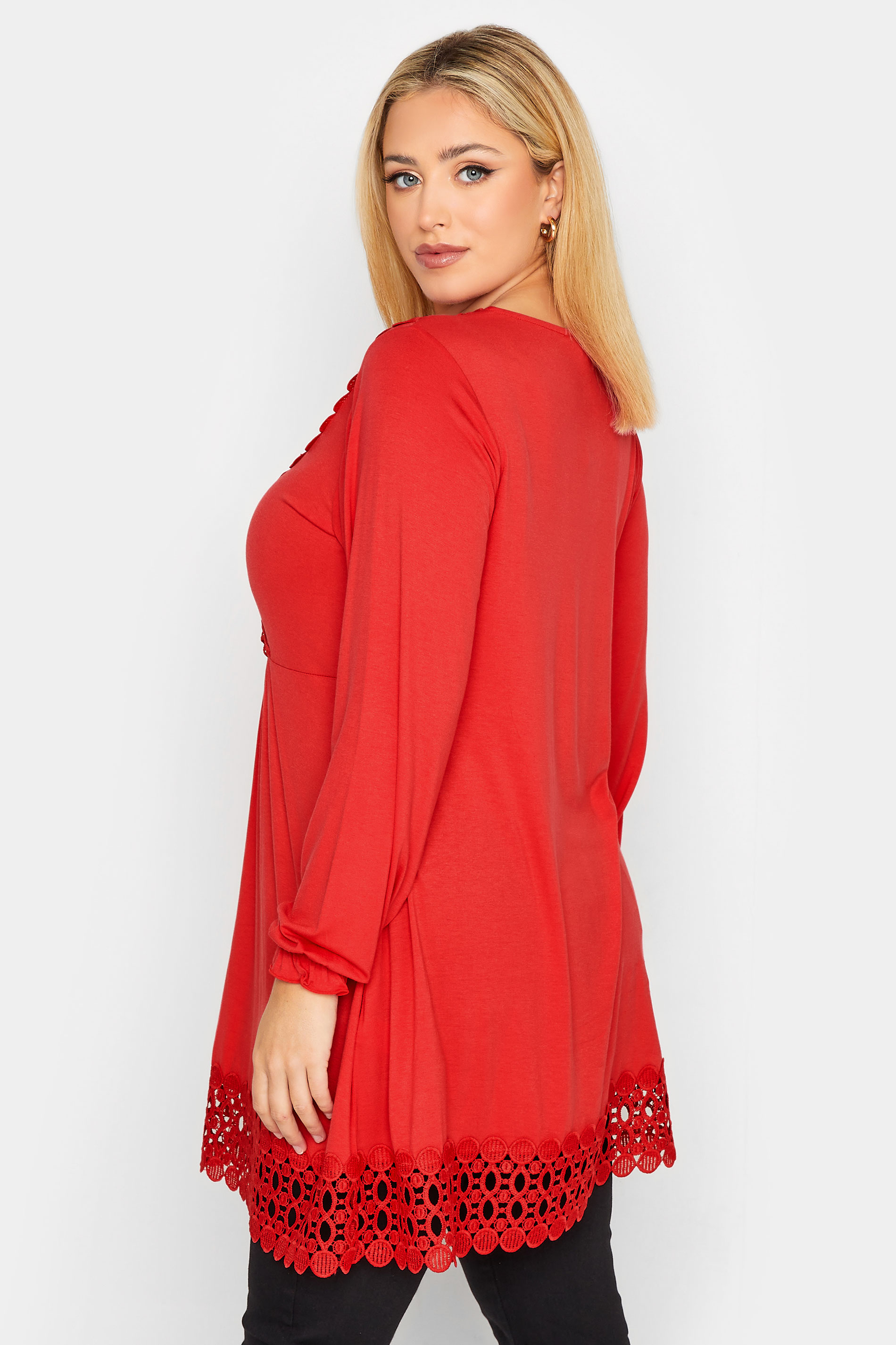 YOURS Plus Size Curve Red Crochet Long Sleeve Tunic Top | Yours Clothing  3