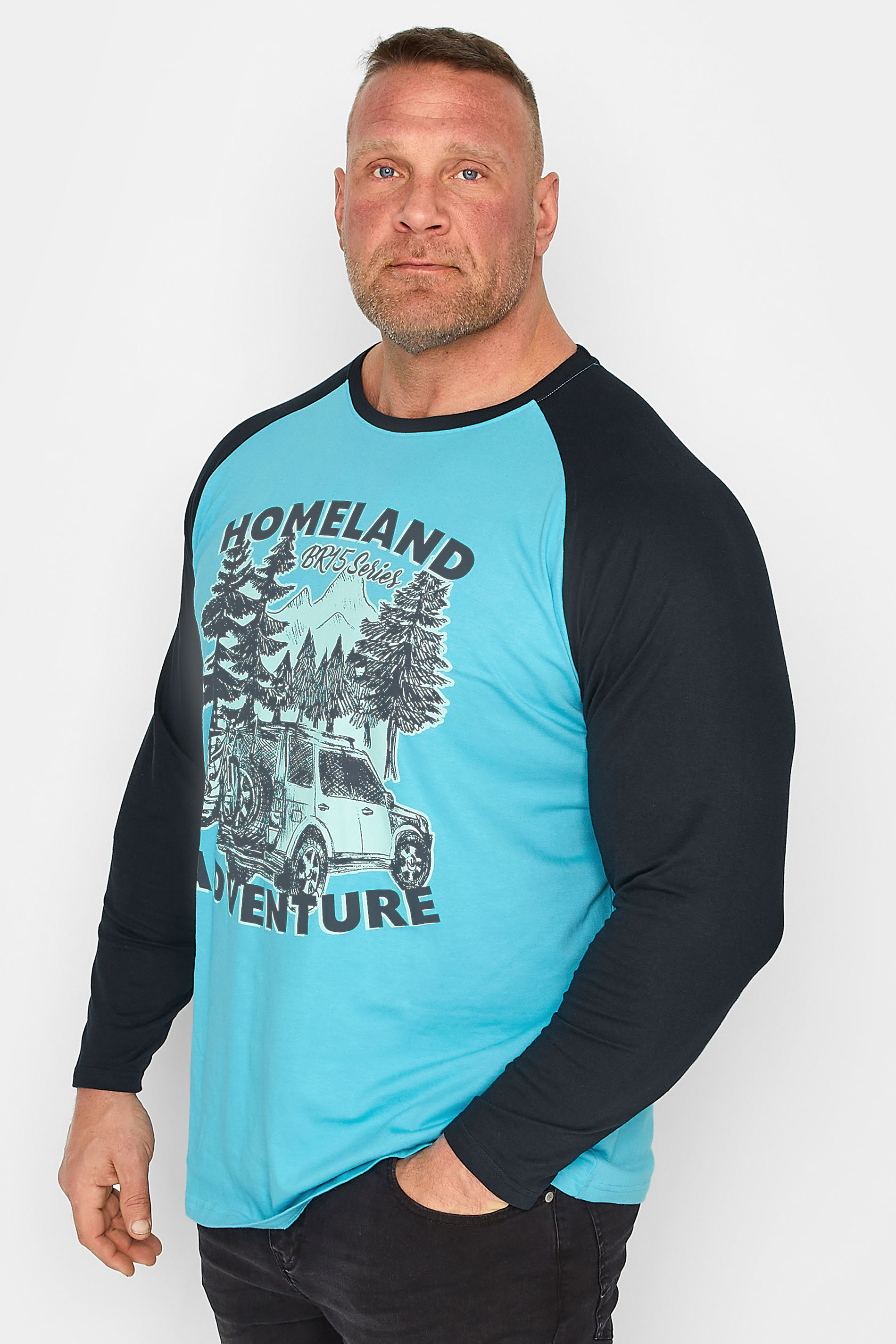 BadRhino Big & Tall Blue & Black 'Homeland Adventure' Car Print Long Sleeve T-Shirt | BadRhino 1