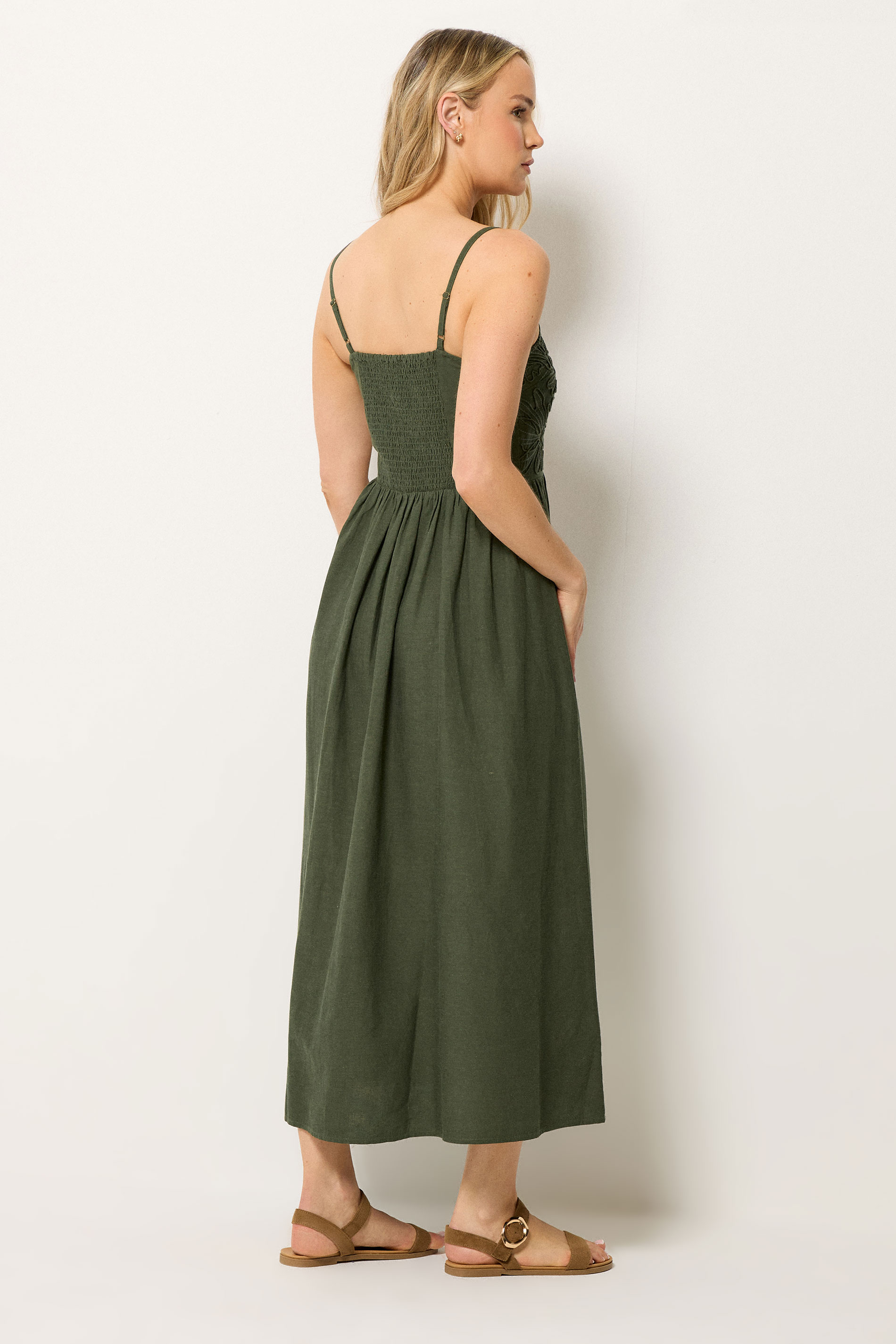 LTS Tall Women's Olive Green Linen Embroidered Midi Dress | Long Tall Sally 4