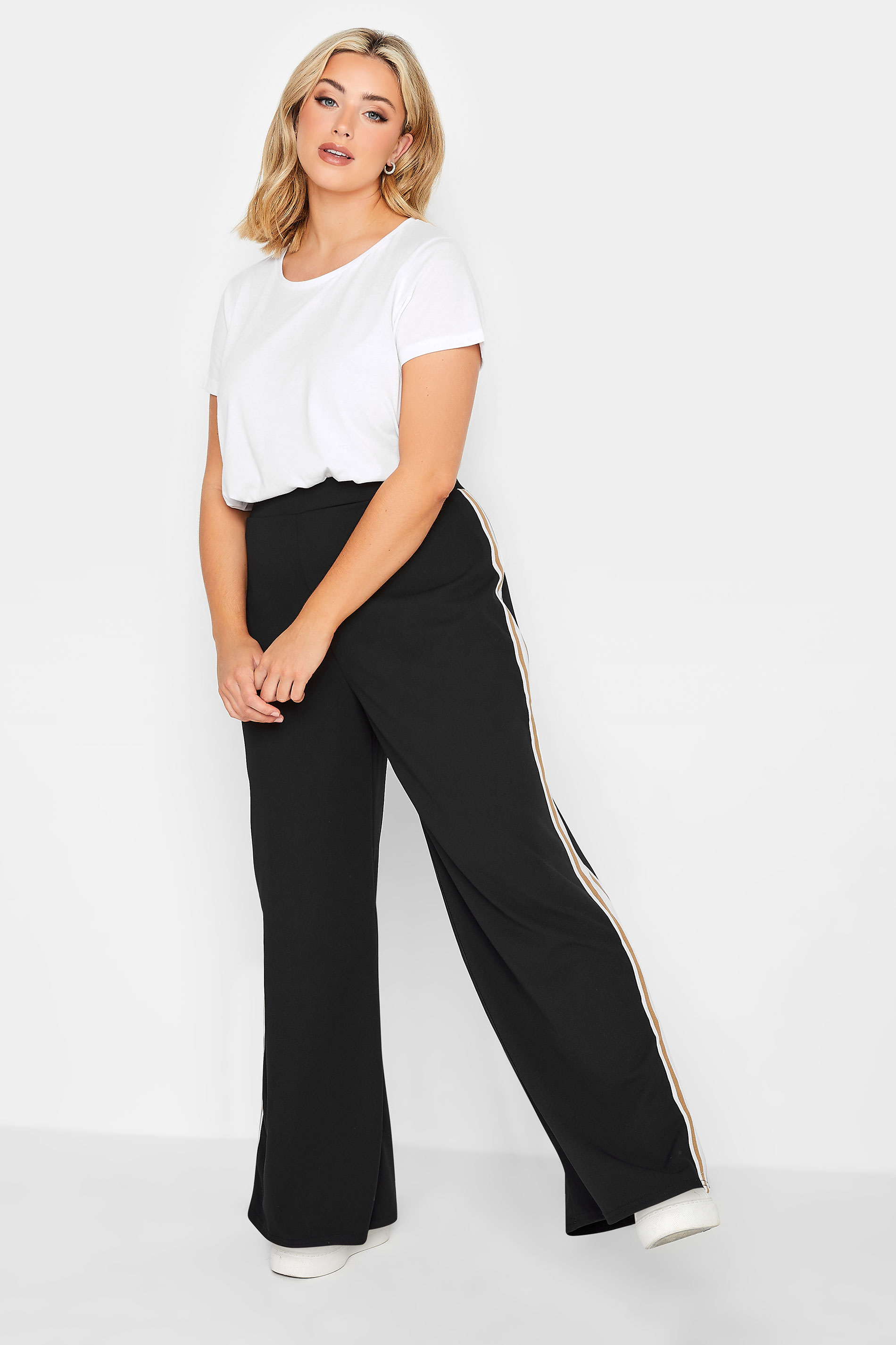 YOURS PETITE Plus Size Black & Brown Block Stripe Wide Leg Trousers | Yours Clothing 2