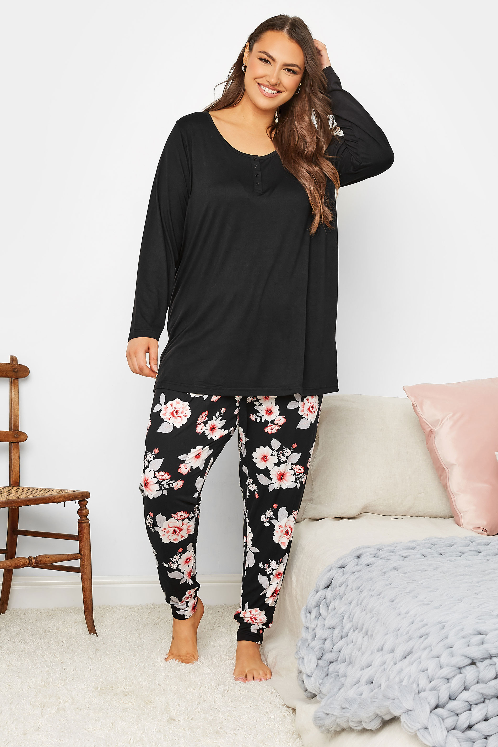 Curve Plus Size Black & Pink Floral Soft Touch Pyjama Set | Yours Clothing 2