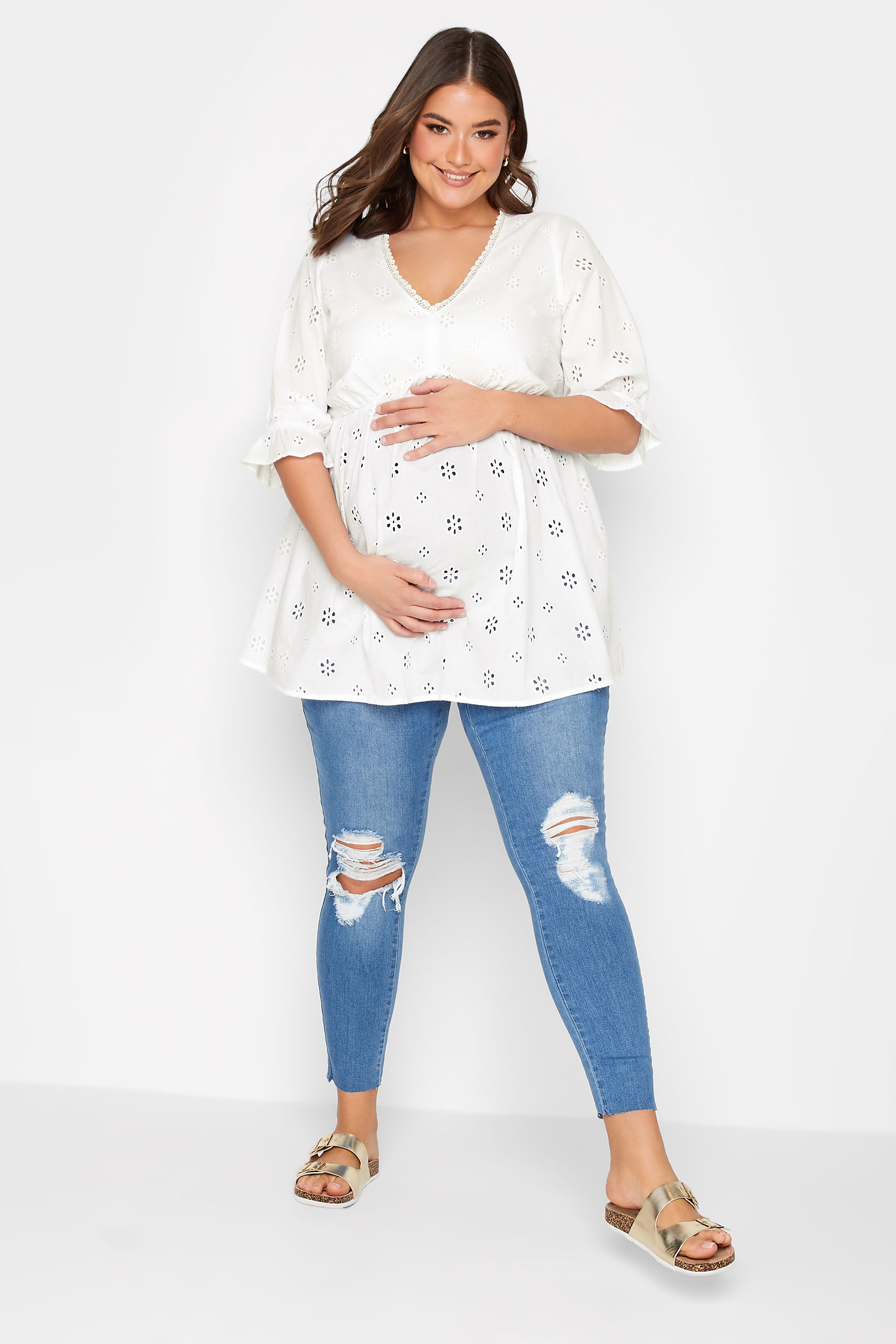 BUMP IT UP MATERNITY Plus Size White Broderie Anglaise Blouse | Yours Clothing 3