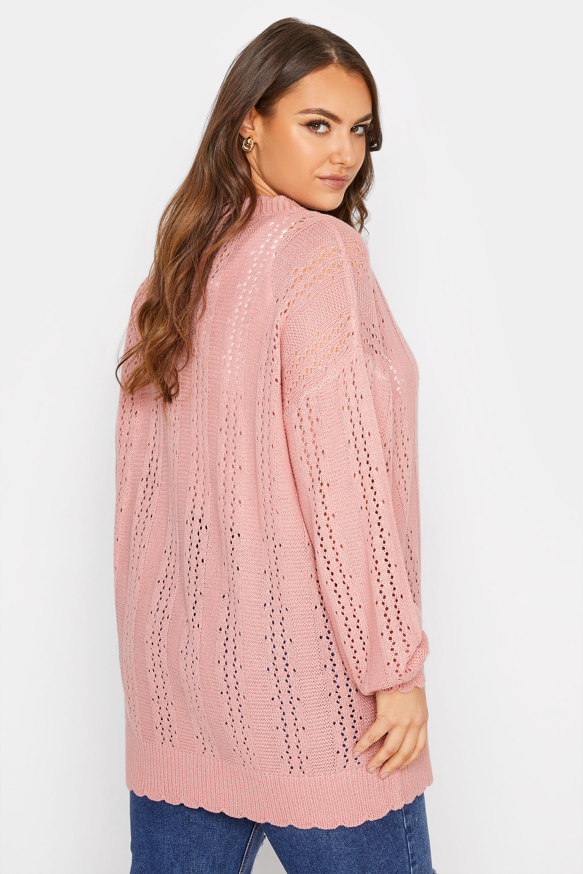 Plus Size Curve Pink Pointelle Balloon Sleeve Cardigan | Yours Clothing 3