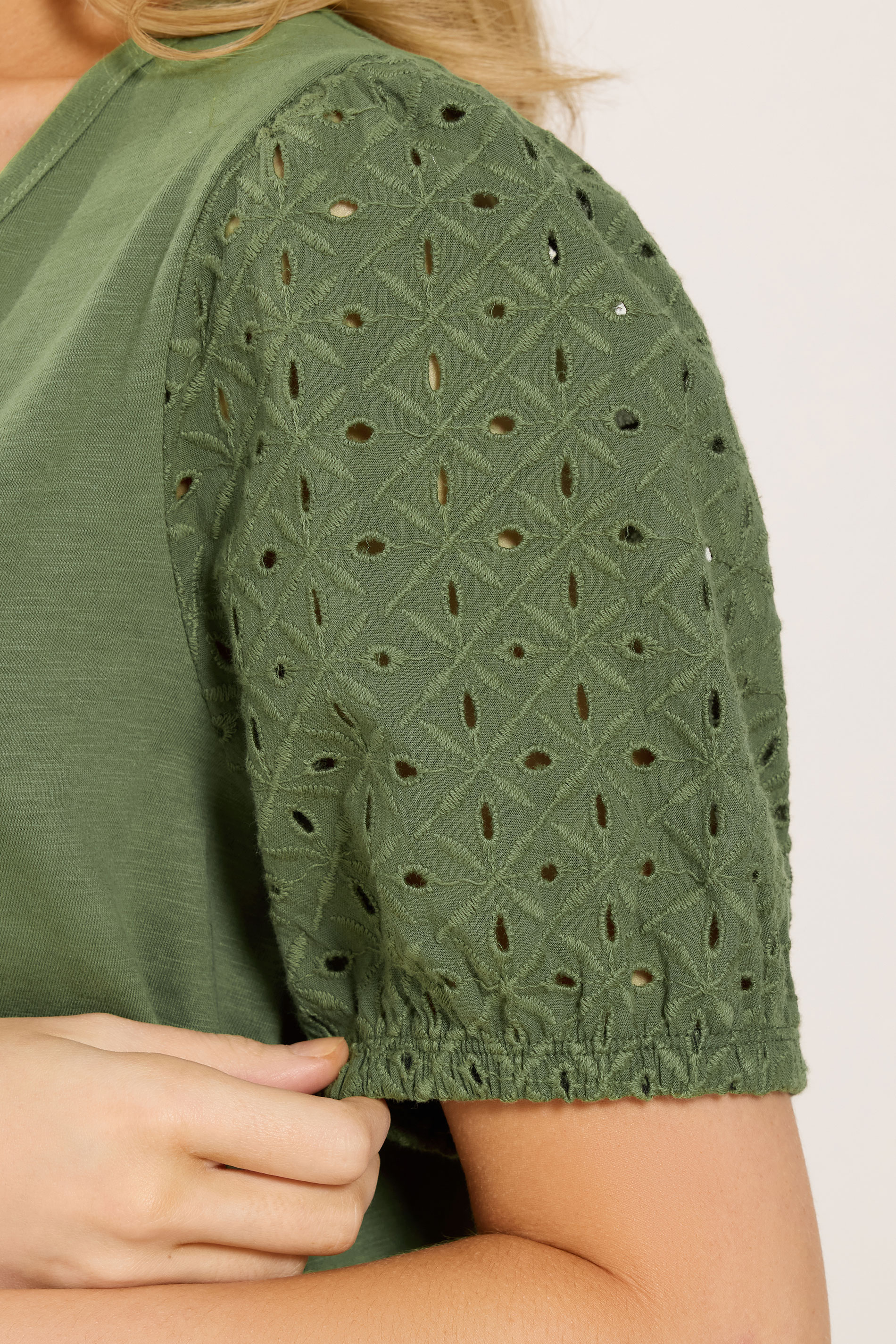 M&Co Khaki Green Broderie Sleeve Cotton Midi Dress | M&Co 4