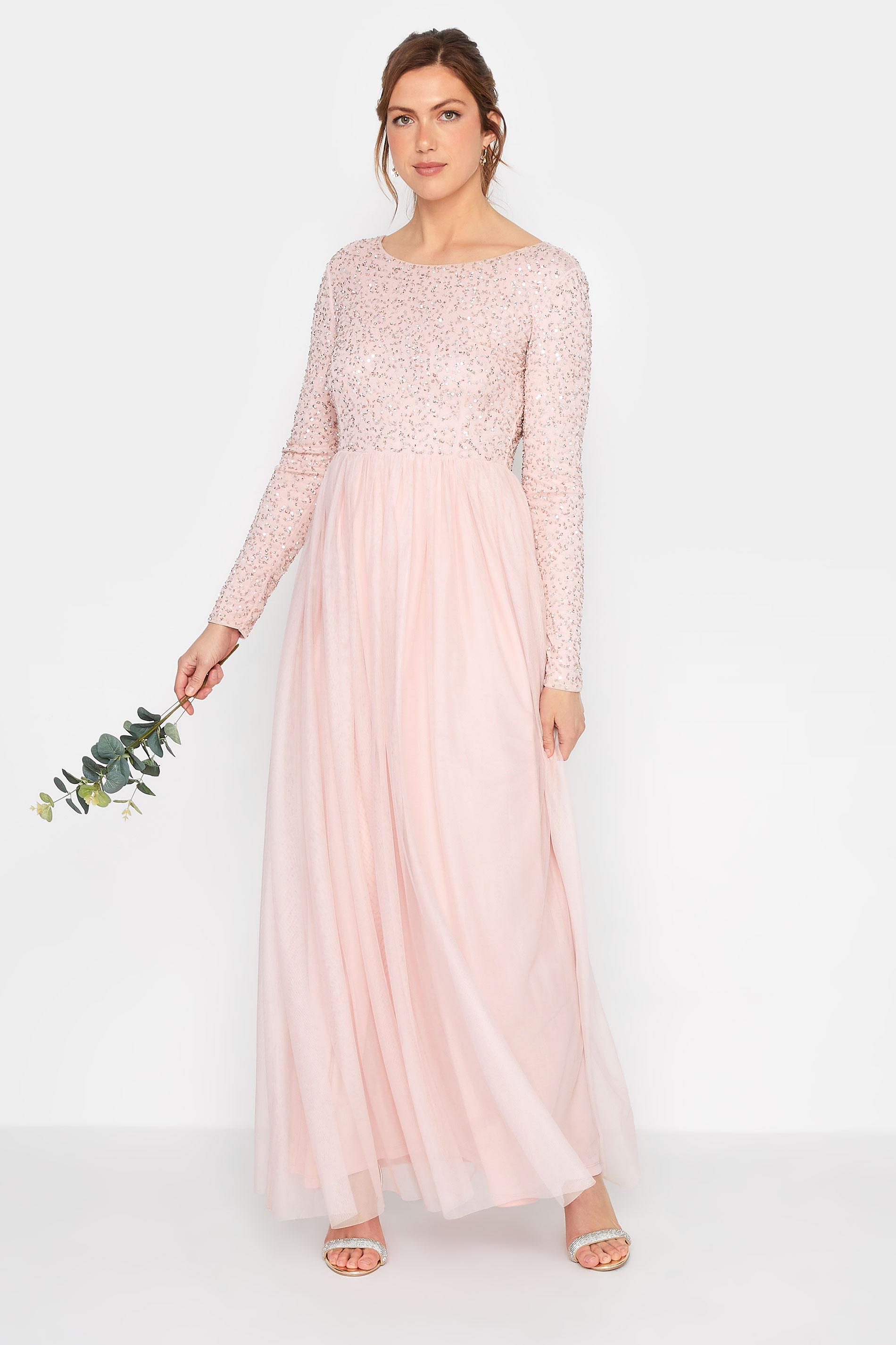 LTS Tall Blush Pink Long Sleeve Sequin Hand Embellished Maxi Dress 1