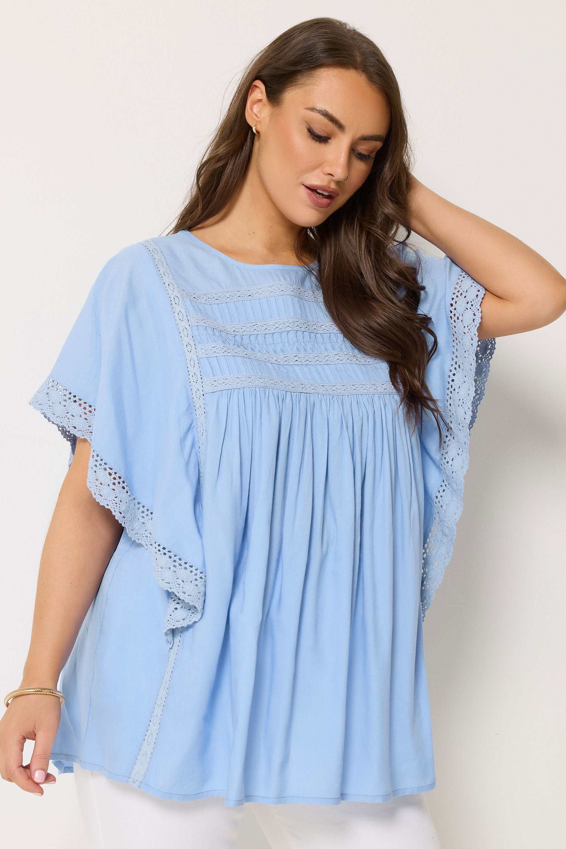 YOURS Plus Size Blue Crochet Drape Sleeve Blouse | Yours Clothing 3