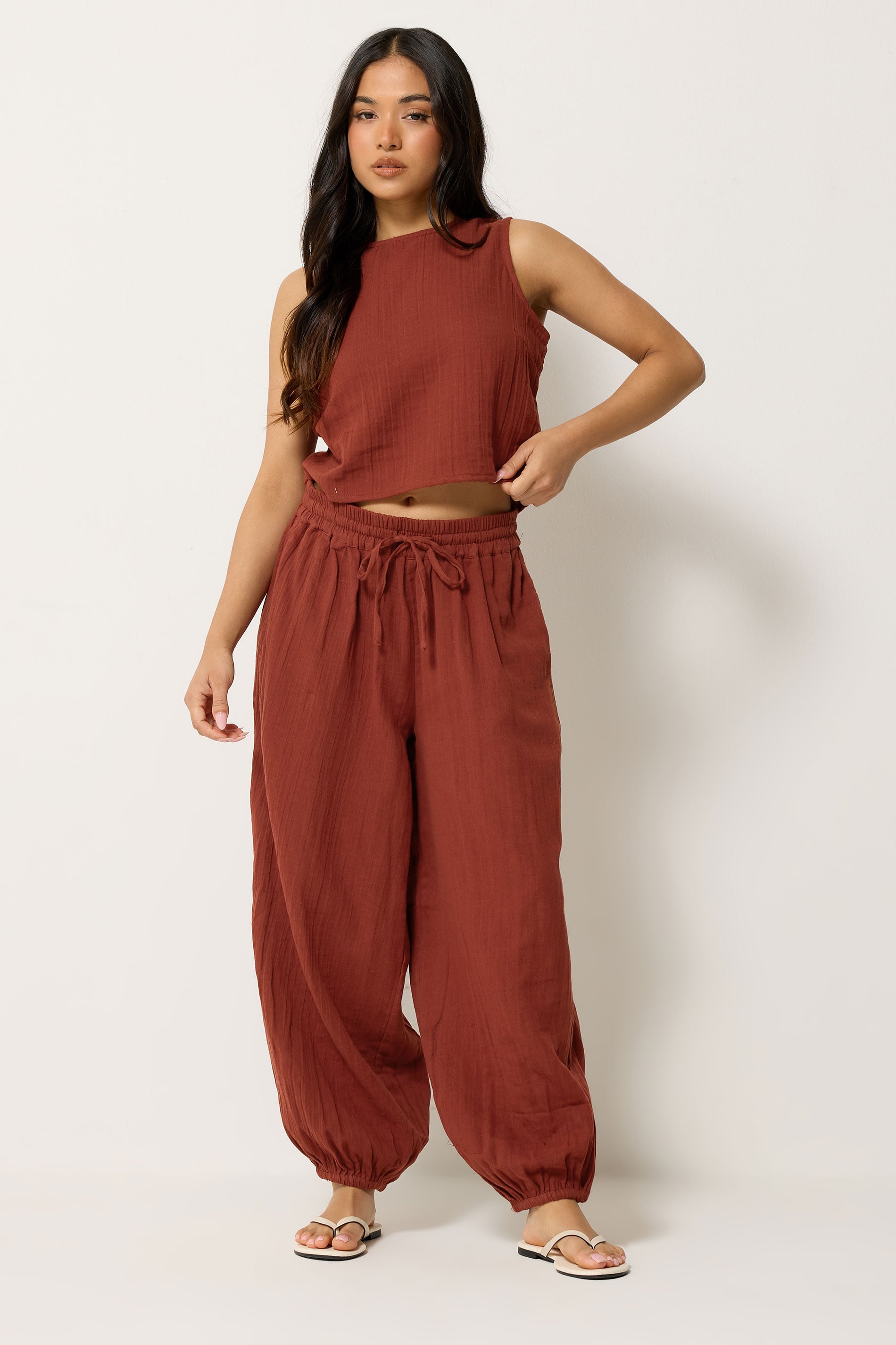 PixieGirl Petite Women's Set Brick Red Cotton Cheesecloth Top & Balloon Trousers | PixieGirl 3