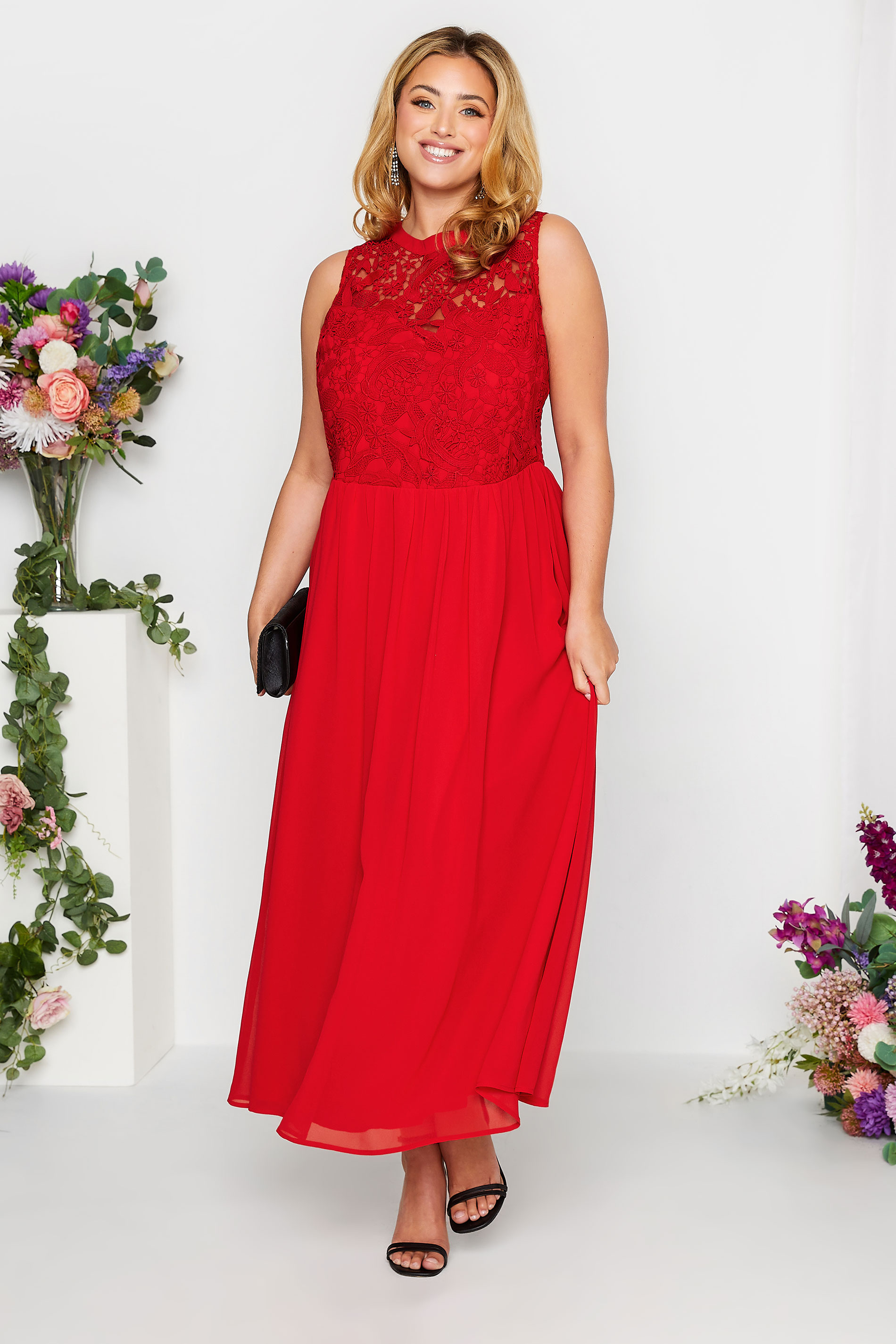 Plus Size YOURS LONDON Curve Red Lace Front Chiffon Maxi Dress | Yours Clothing  3