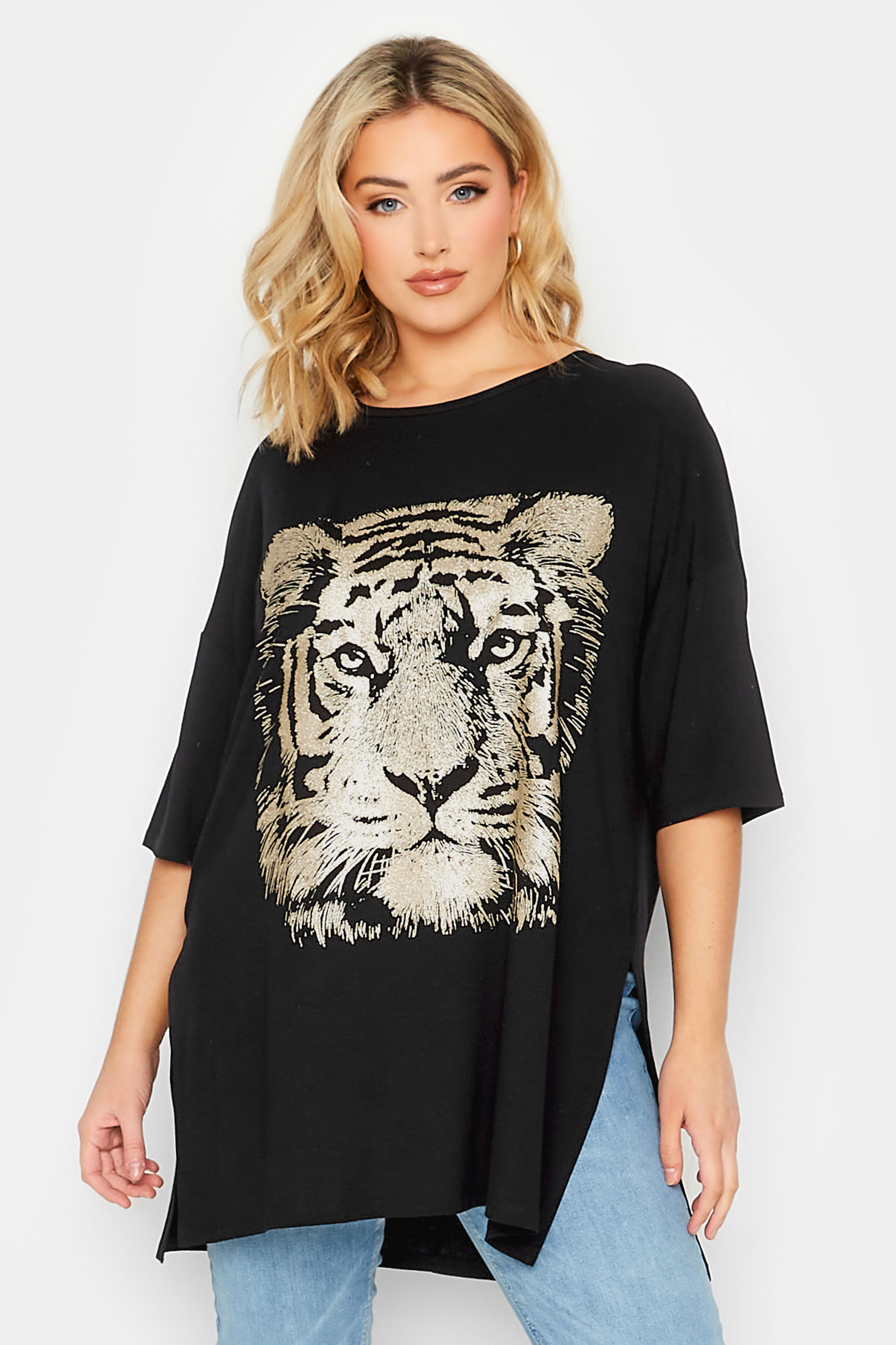YOURS Plus Size Black & Gold Glitter Tiger Print Split Hem T-Shirt | Yours Clothing 1