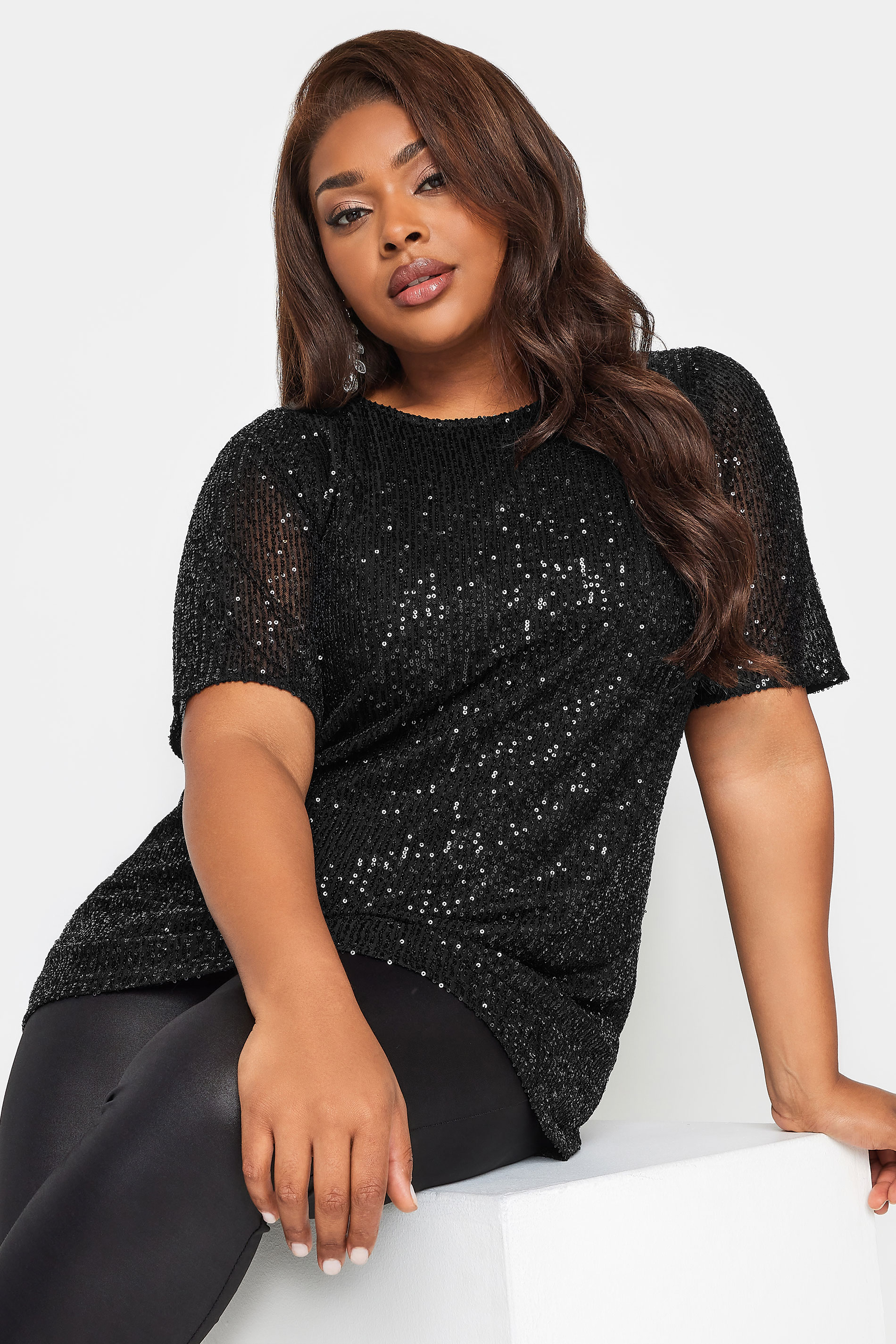 YOURS LONDON Plus Size Black Sequin Swing Top | Yours Clothing 1