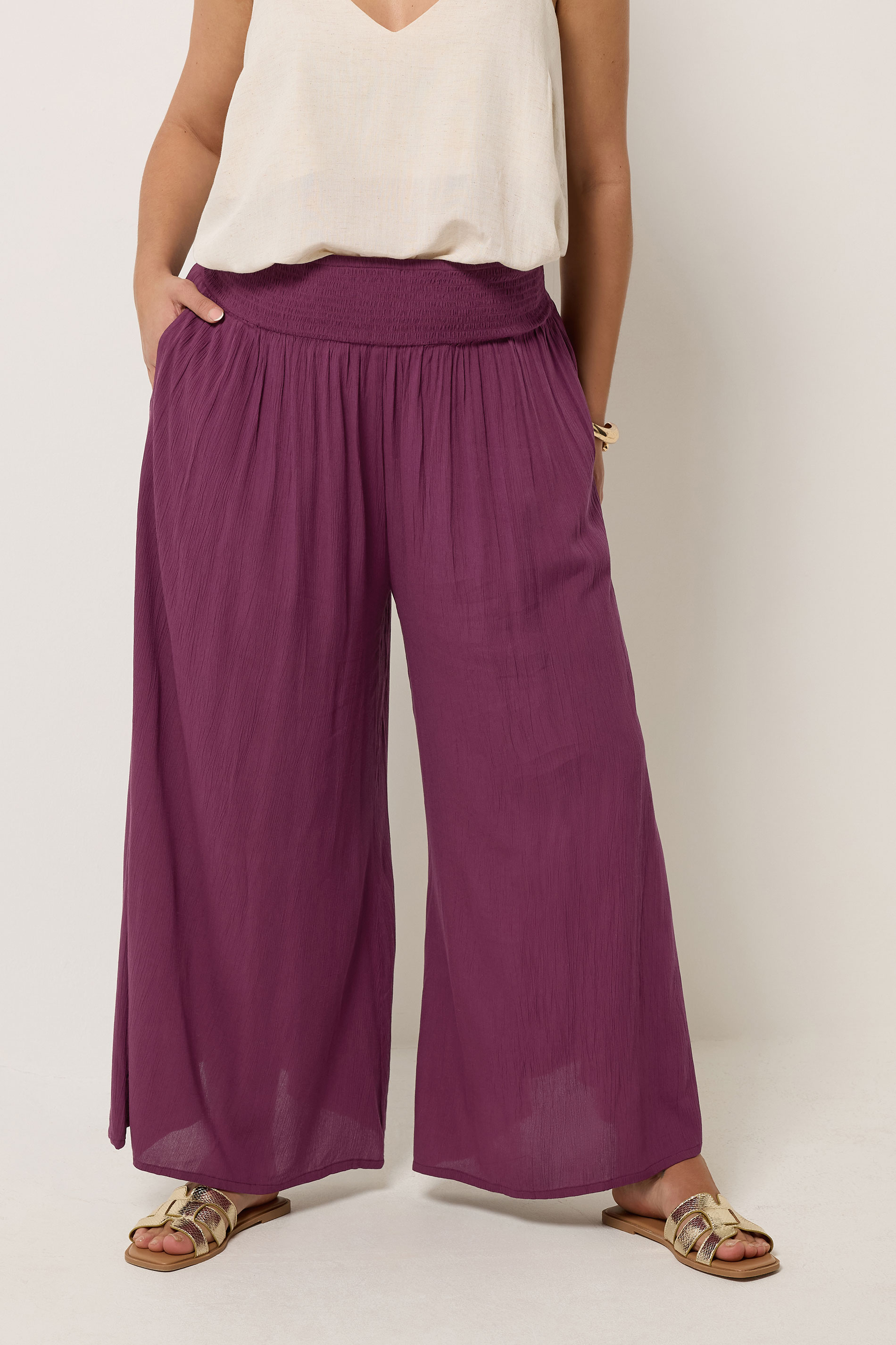 YOURS Plus Size Burgundy Red Shirred Trousers | Yours Clothing 3