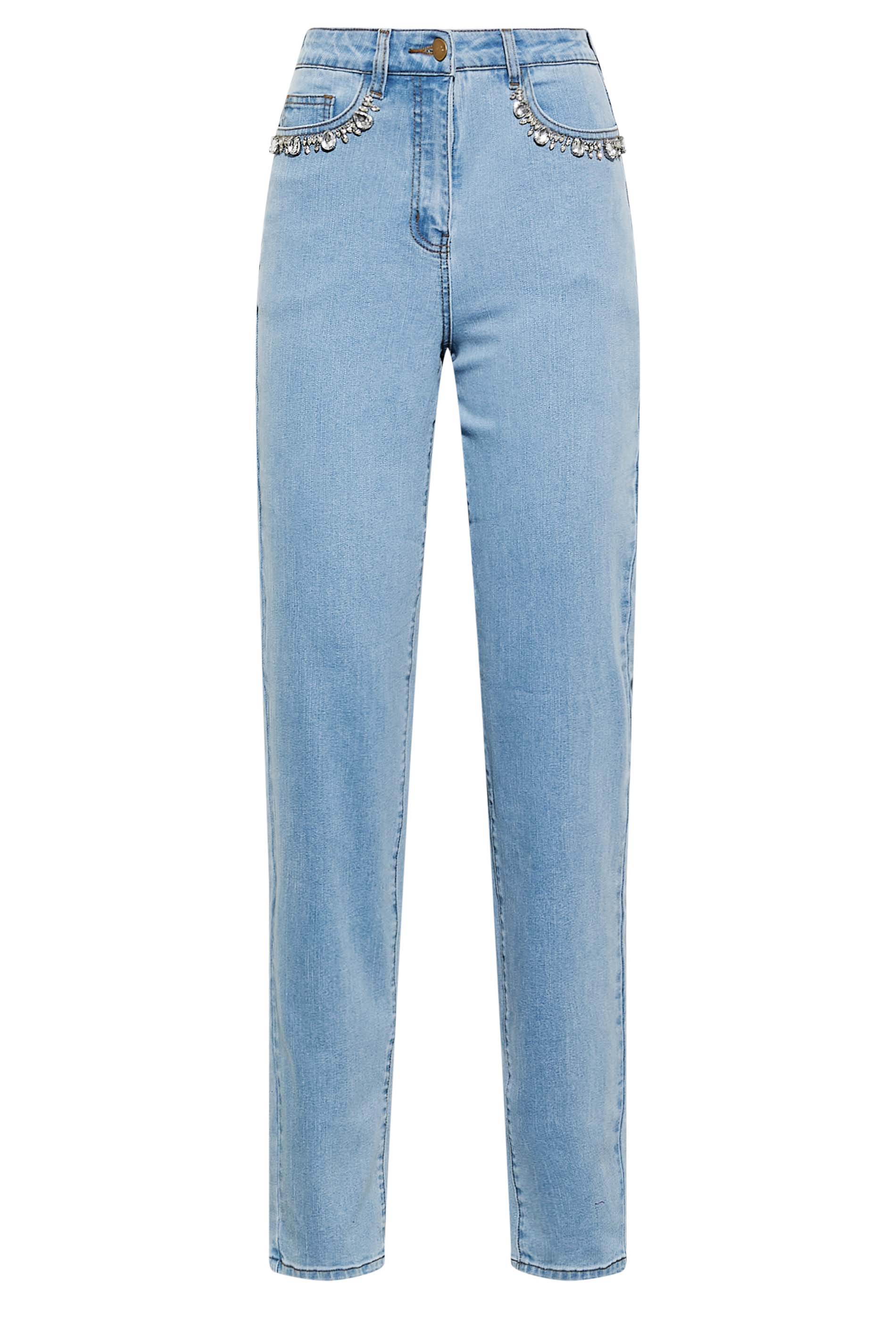 LTS Tall Women's Blue Diamante Embellished Pocket UNA Mom Jeans | Long Tall Sally 2