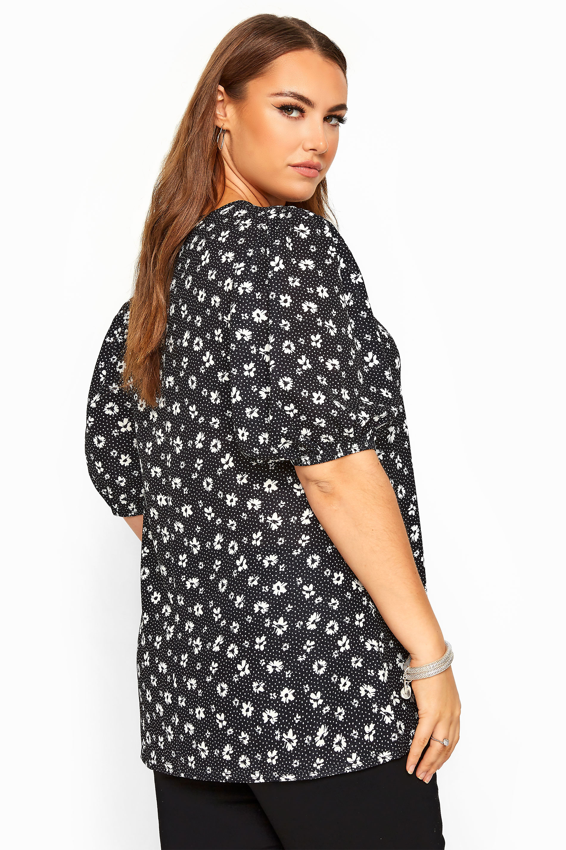Black Floral Print Puff Sleeve Top | Yours Clothing