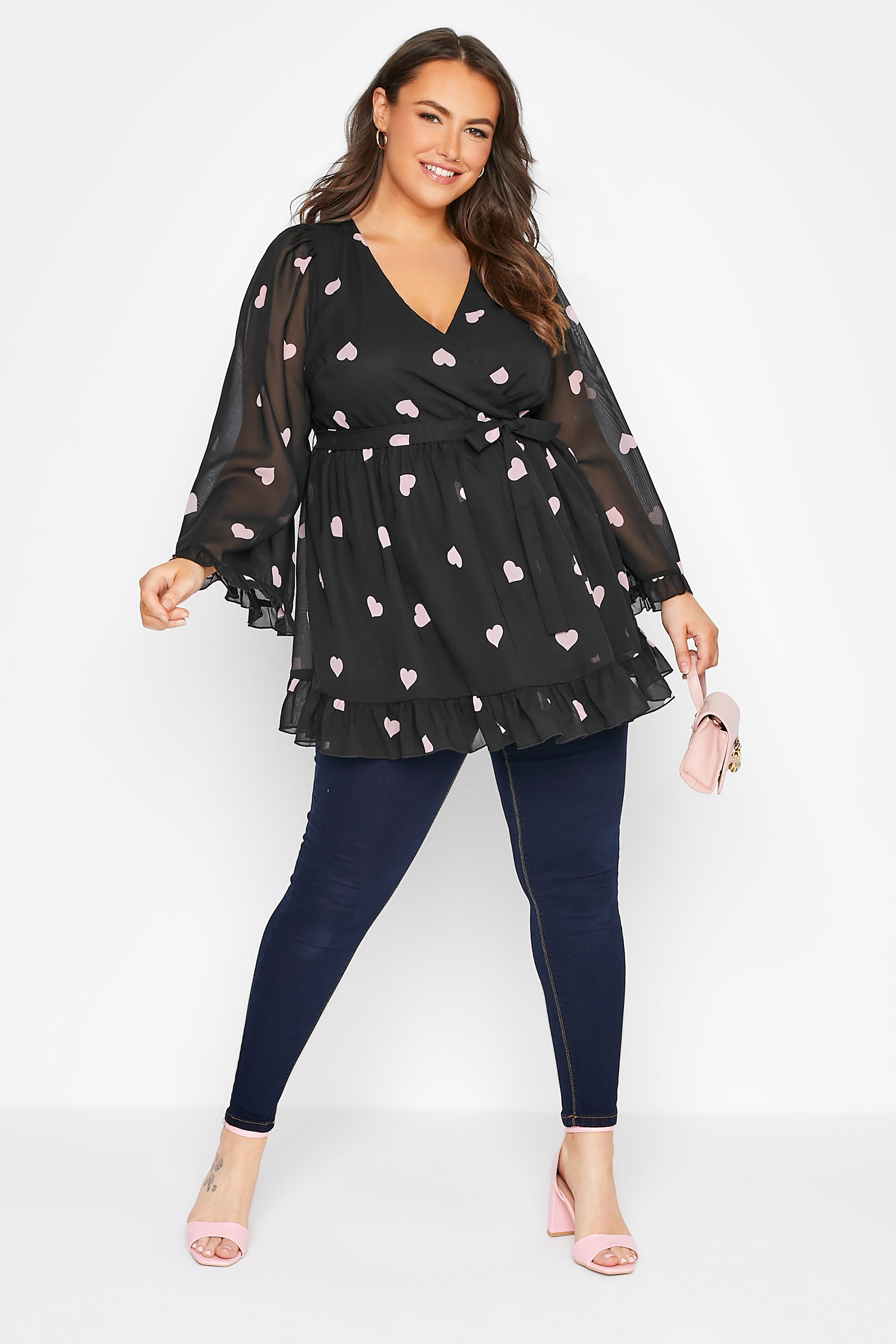 Grande taille  Tops Grande taille  Tops cache-coeur | YOURS LONDON - Top Cache-Coeur Noir Coeurs Roses - AI83451