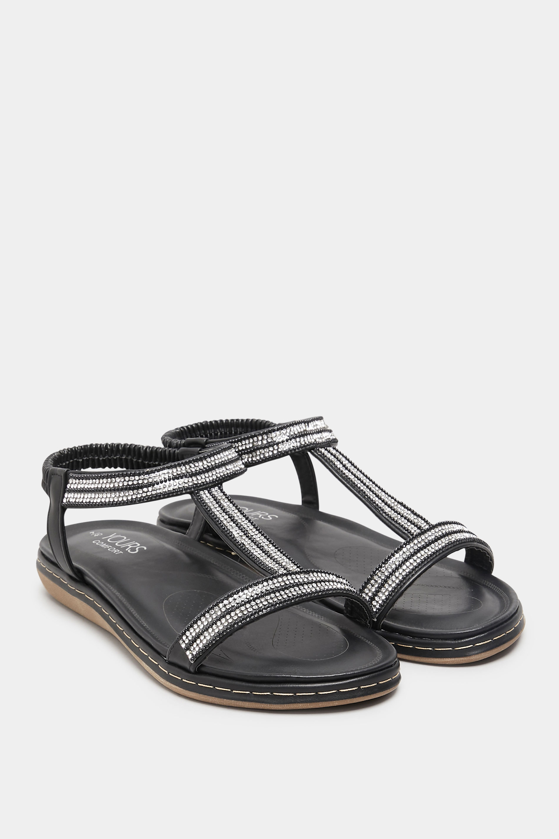 Plus Size Black Diamante Strap Sandals In Extra Wide Fit | Yours Clothing 2