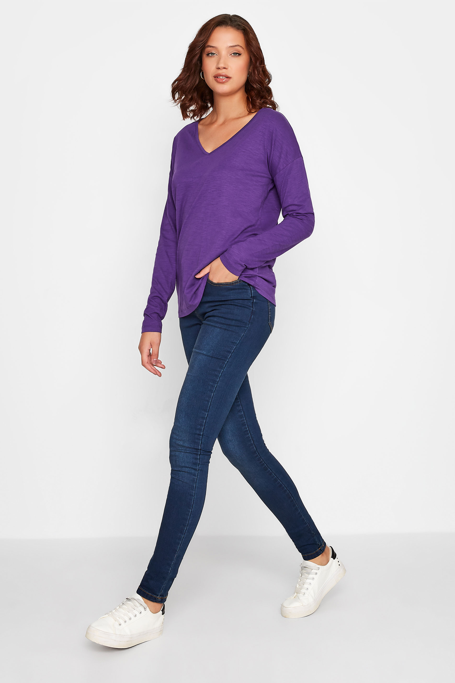 LTS Tall Women's Purple V-Neck Long Sleeve Cotton T-Shirt | Long Tall Sally 2