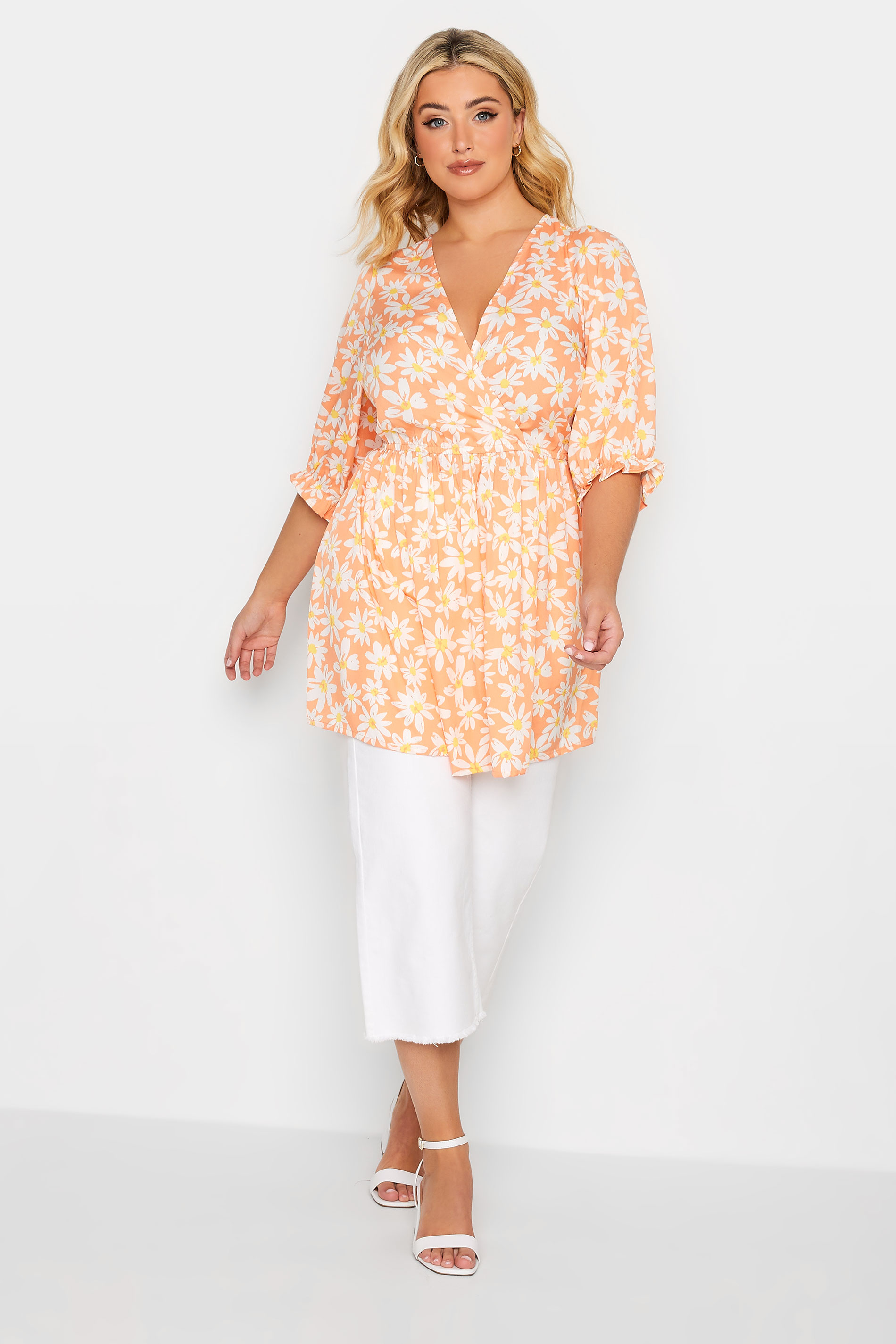 YOURS Plus Size Orange Floral Print Wrap Top | Yours Clothing 2
