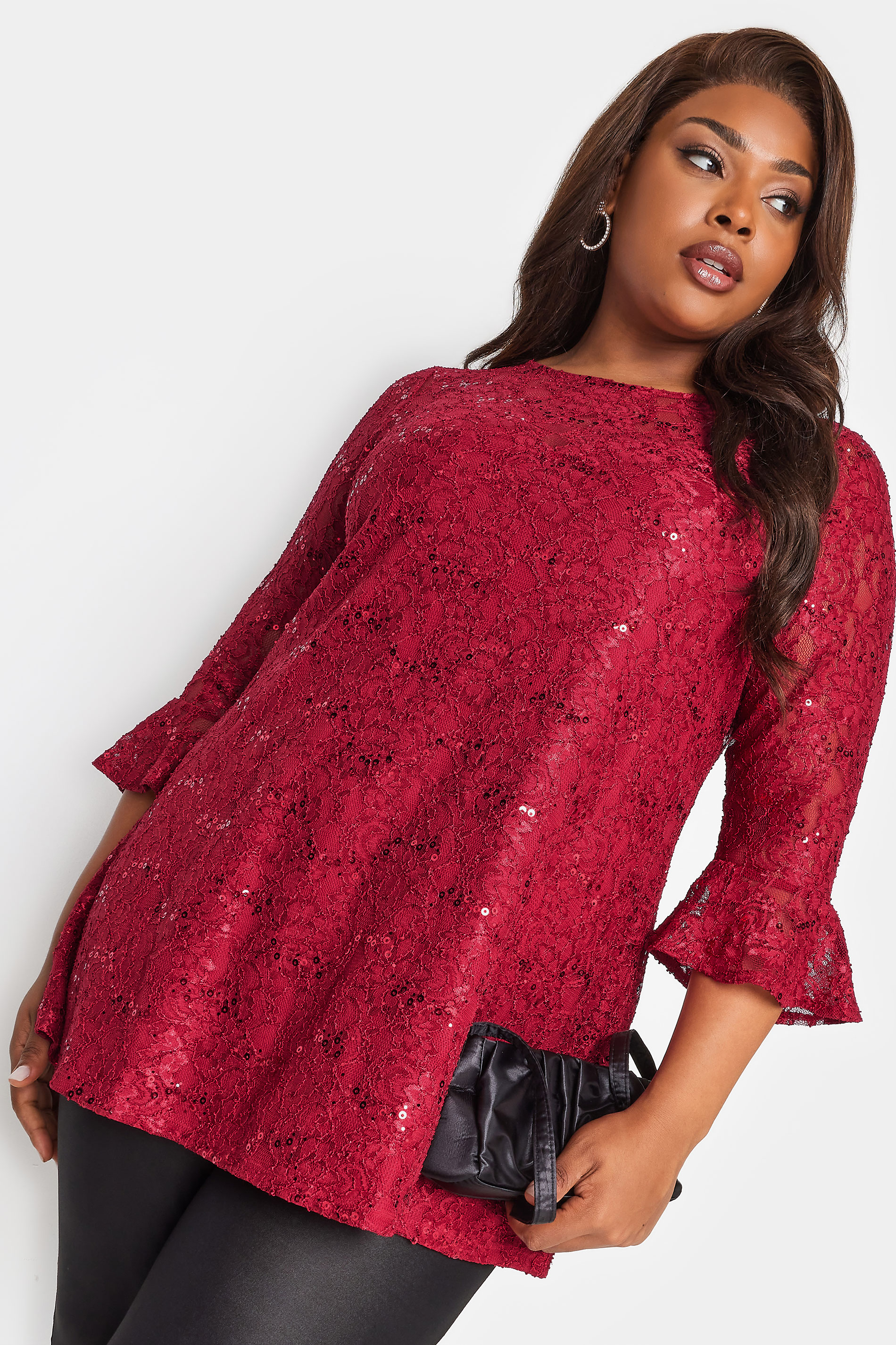 YOURS Plus Size Red Lace Sequin Embellished Swing Top | Yours Clothing 1