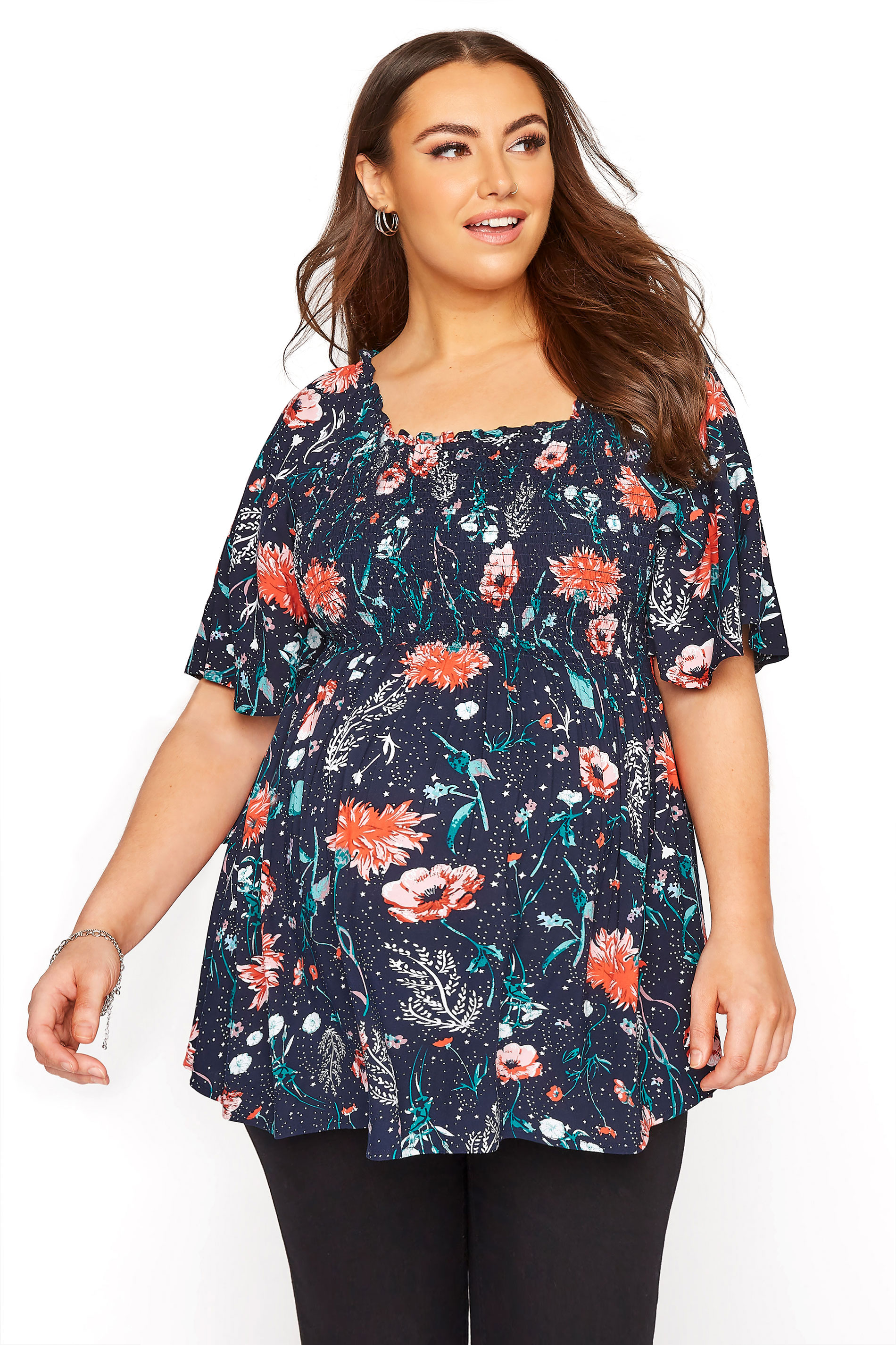 BUMP IT UP MATERNITY Navy Floral Shirred Bodice Top