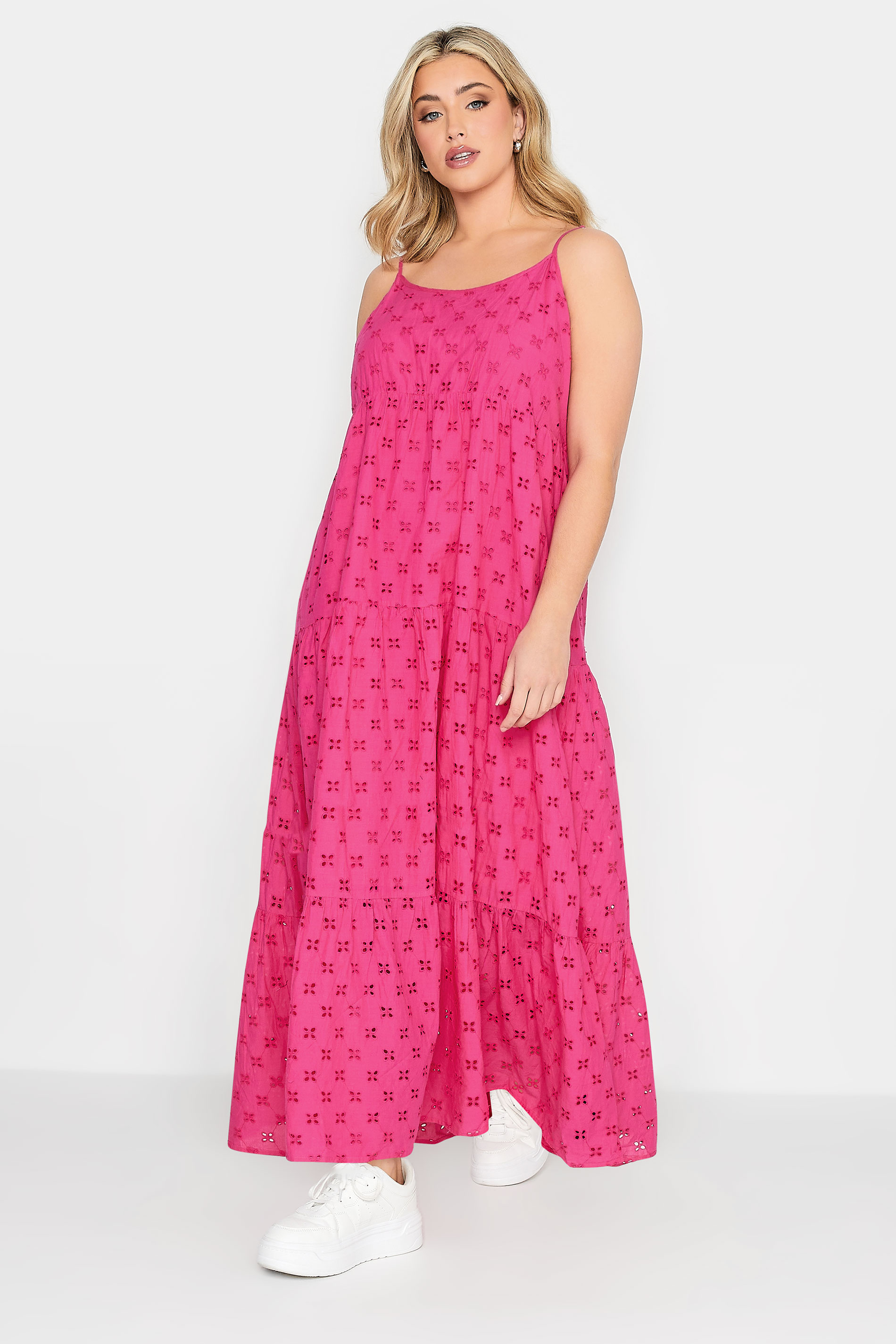 YOURS PETITE Plus Size Hot Pink Broderie Anglaise Strap Maxi Dress | Yours Clothing 1