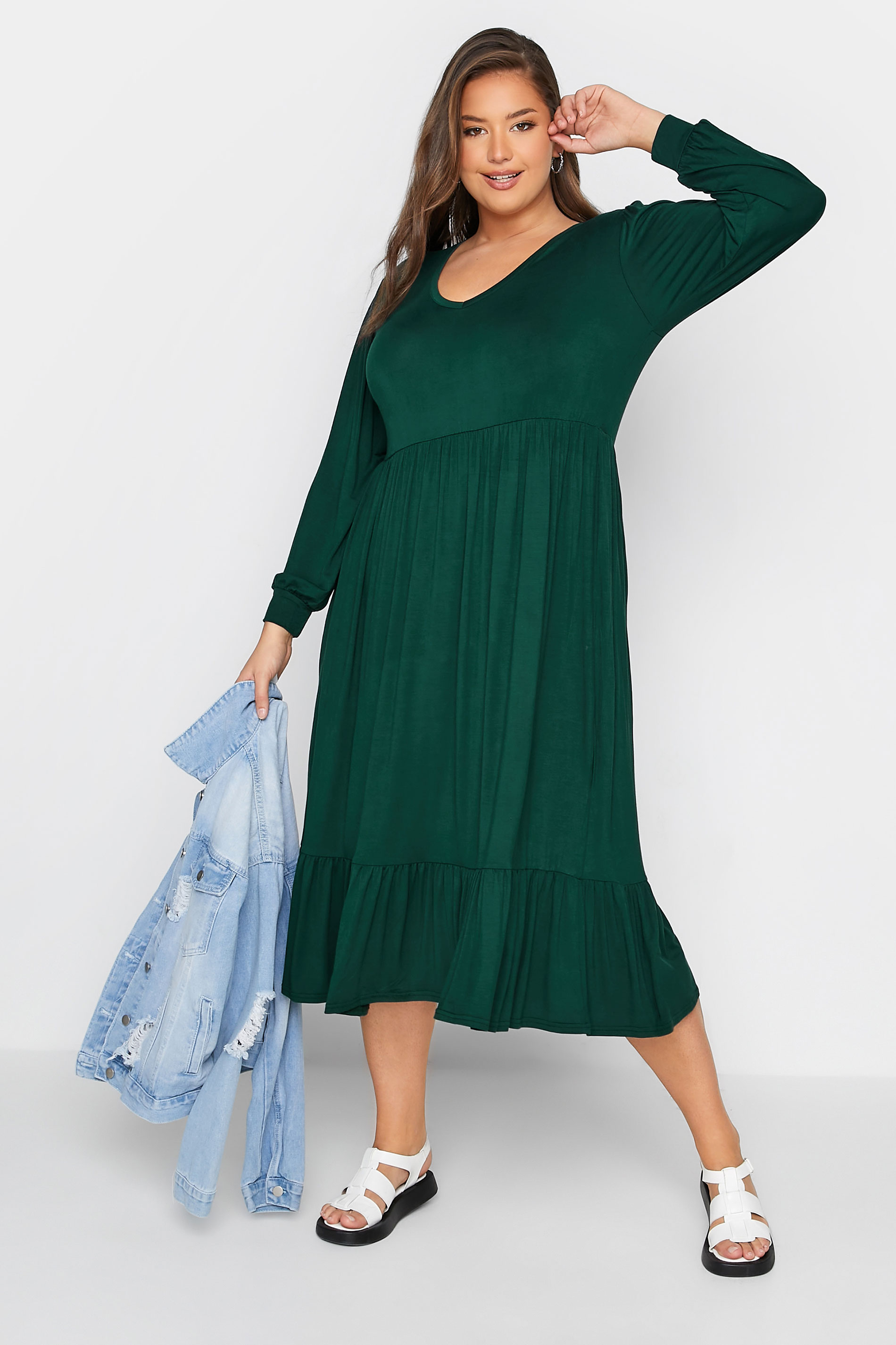Robes Grande Taille Grande taille  Robes Manches Longues | LIMITED COLLECTION - Robe Verte Longue Smocké Volanté - OI20330