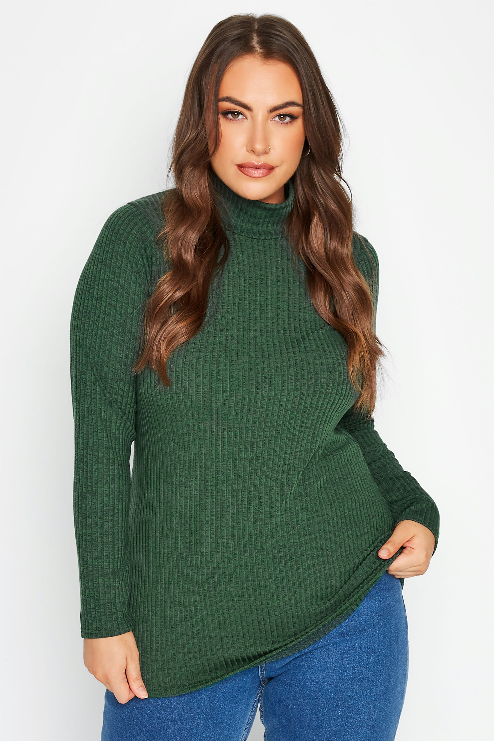 LIMITED COLLECTION Plus Size Green Marl Ribbed Turtle Neck Top | Yours Clothing 1