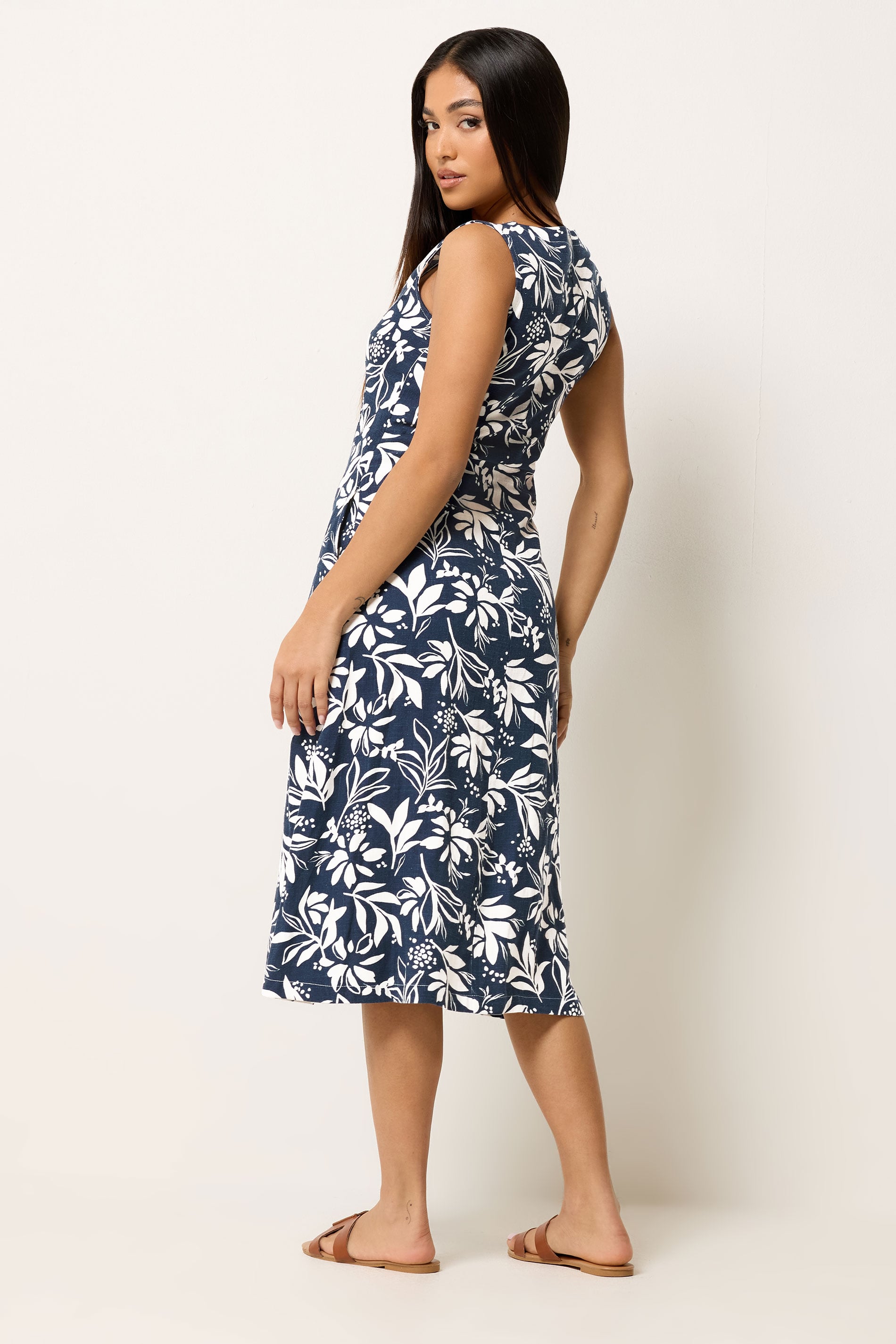 M&Co Petite Navy Blue Floral Linen Midi Dress | M&Co 2