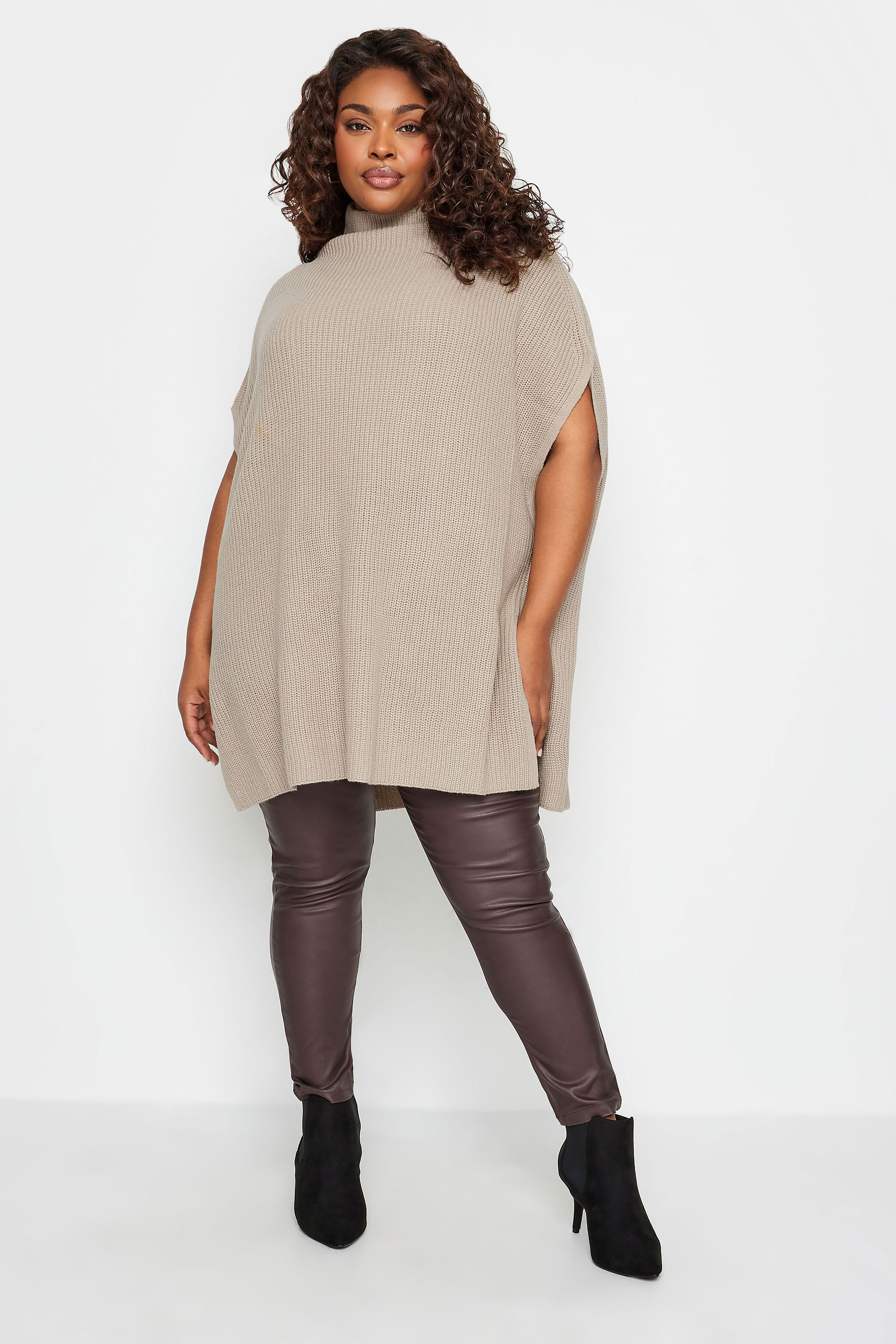 YOURS Plus Size Stone Brown High Neck Knitted Vest Top | Yours Clothing