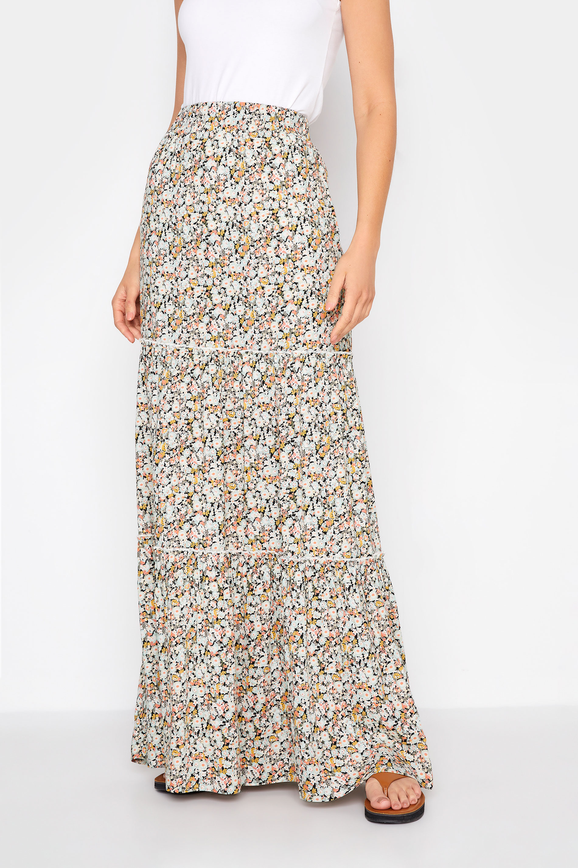 LTS Tall Beige Brown Floral Tiered Maxi Skirt 1