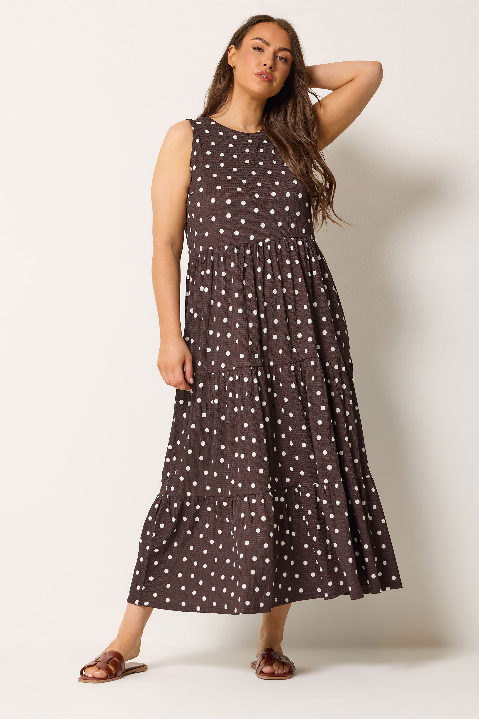 YOURS Plus Size Chocolate Brown Polka Dot Tiered Maxi Dress | Yours Clothing 1