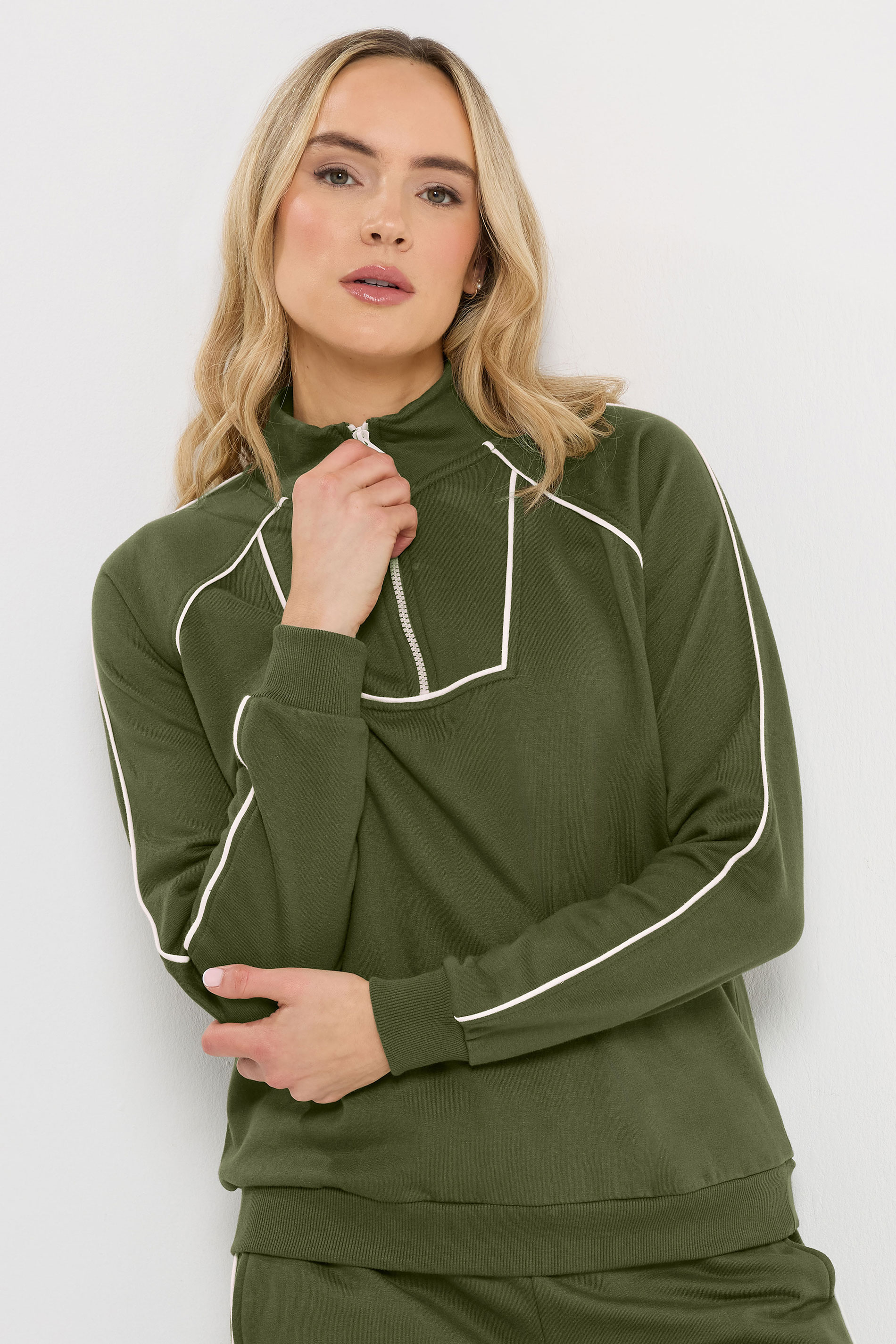 LTS Tall Women's Khaki Green Cotton Pipe Quarter Zip Sweatshirt & Wide Leg Trousers Set 2
