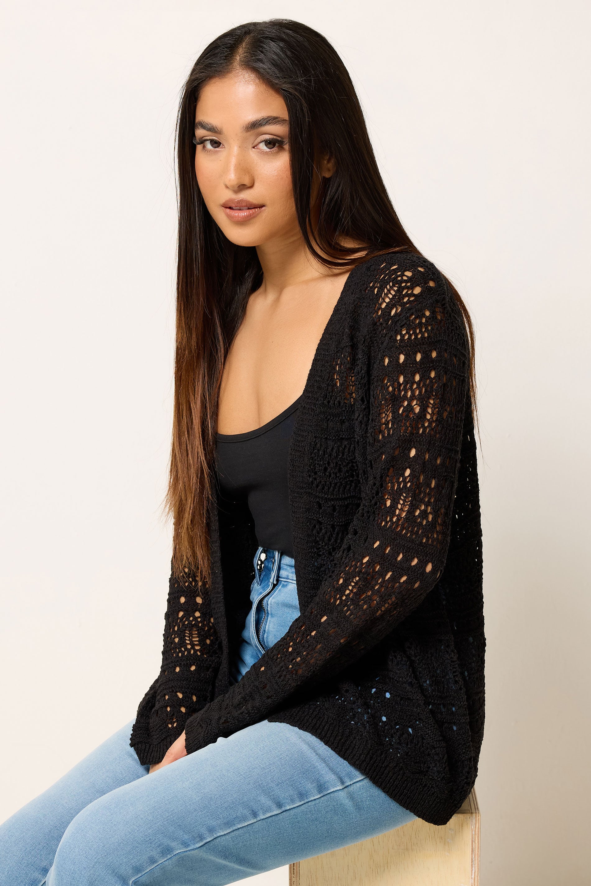 M&Co Petite Black Open Front Crochet Cardigan | M&Co 3