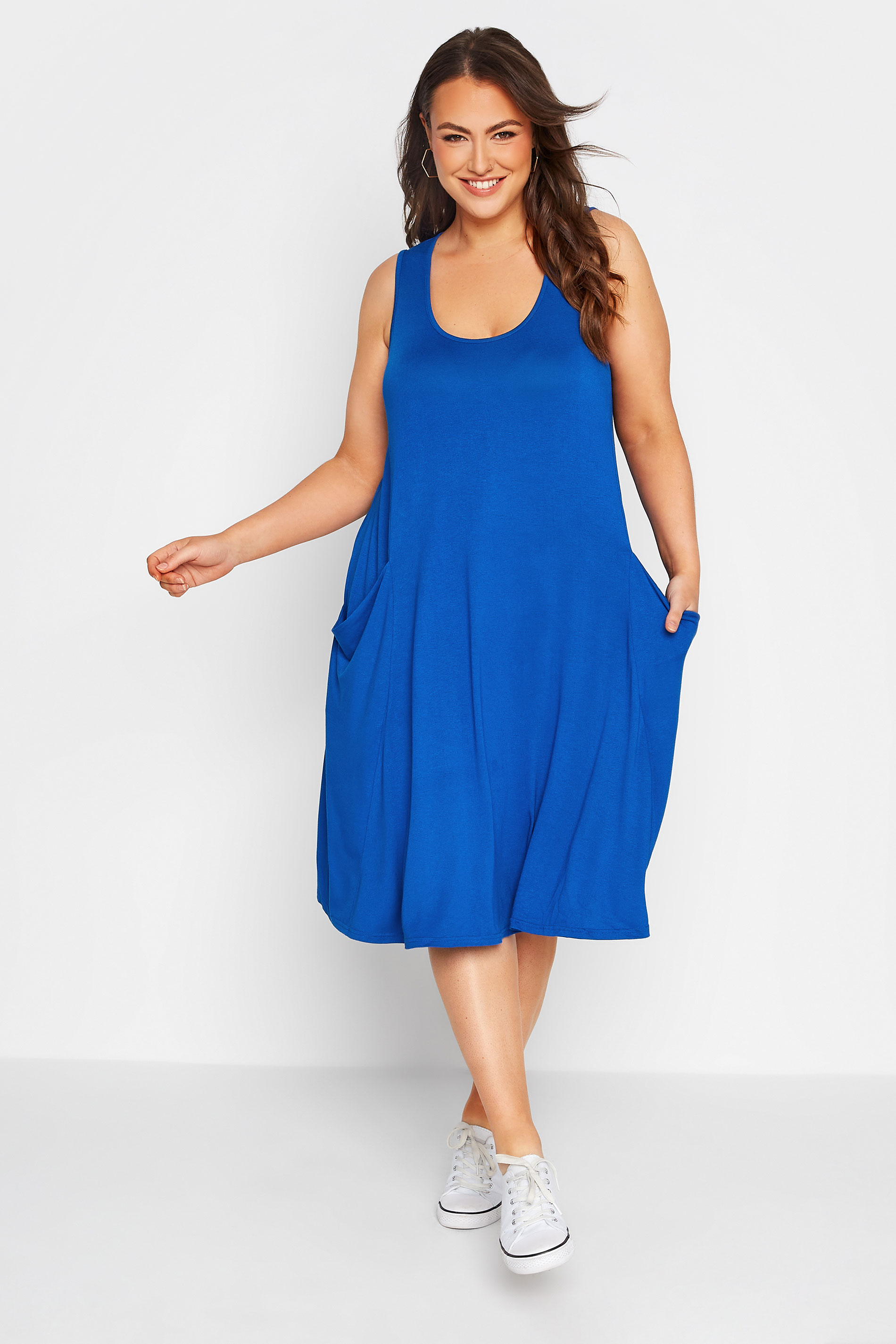 Robes Grande Taille Grande taille  Robes Casual | Robe Bleue Roi sans Manches Midi en Jersey à Poches - JR85688
