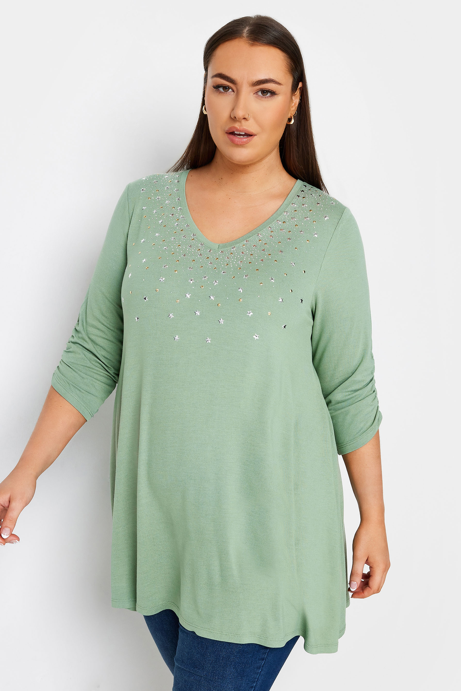 YOURS Plus Size Green Star Embellished Swing Top | Yours Clothing