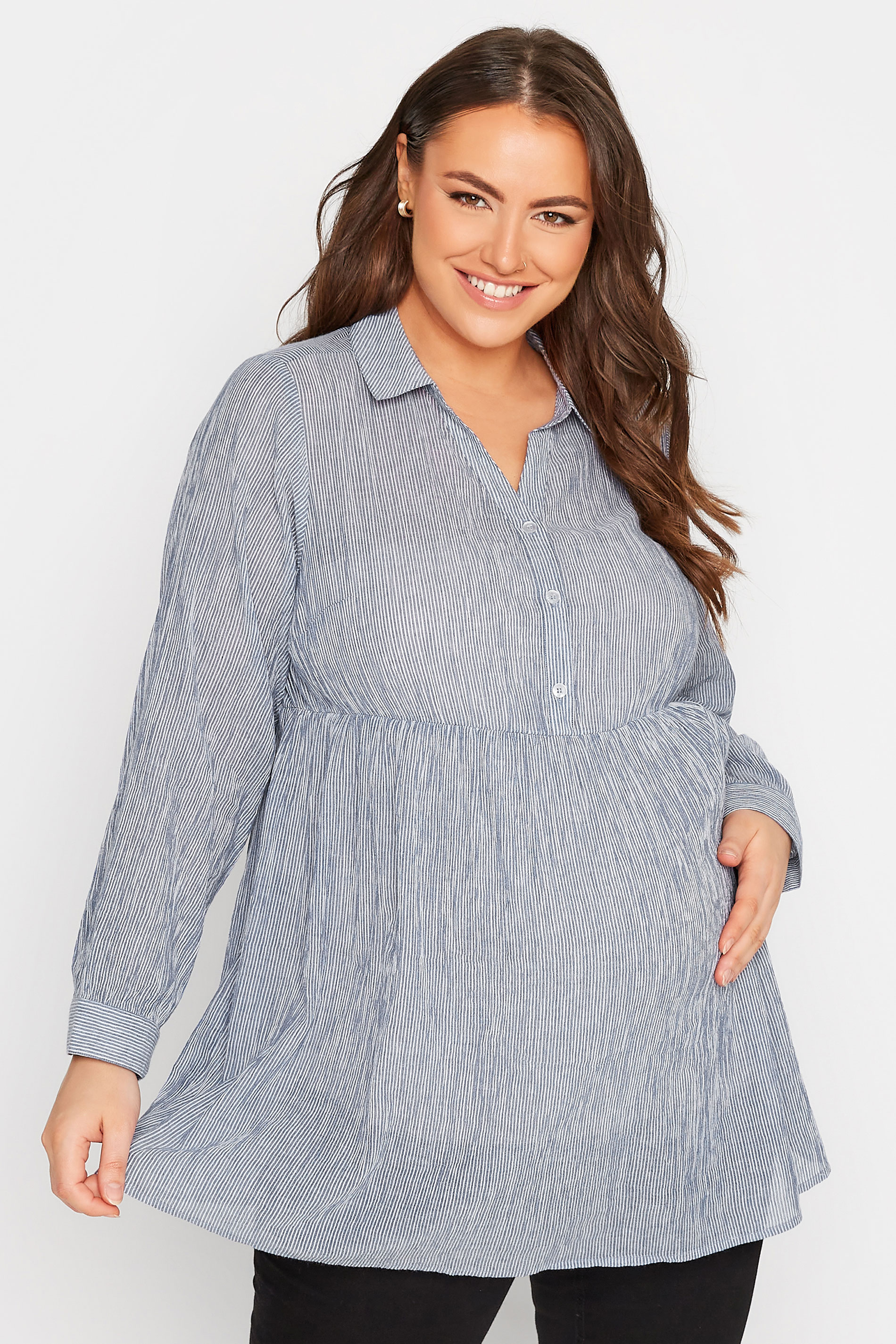 BUMP IT UP MATERNITY Plus Size Blue Stripe Popover Shirt | Yours Clothing 1