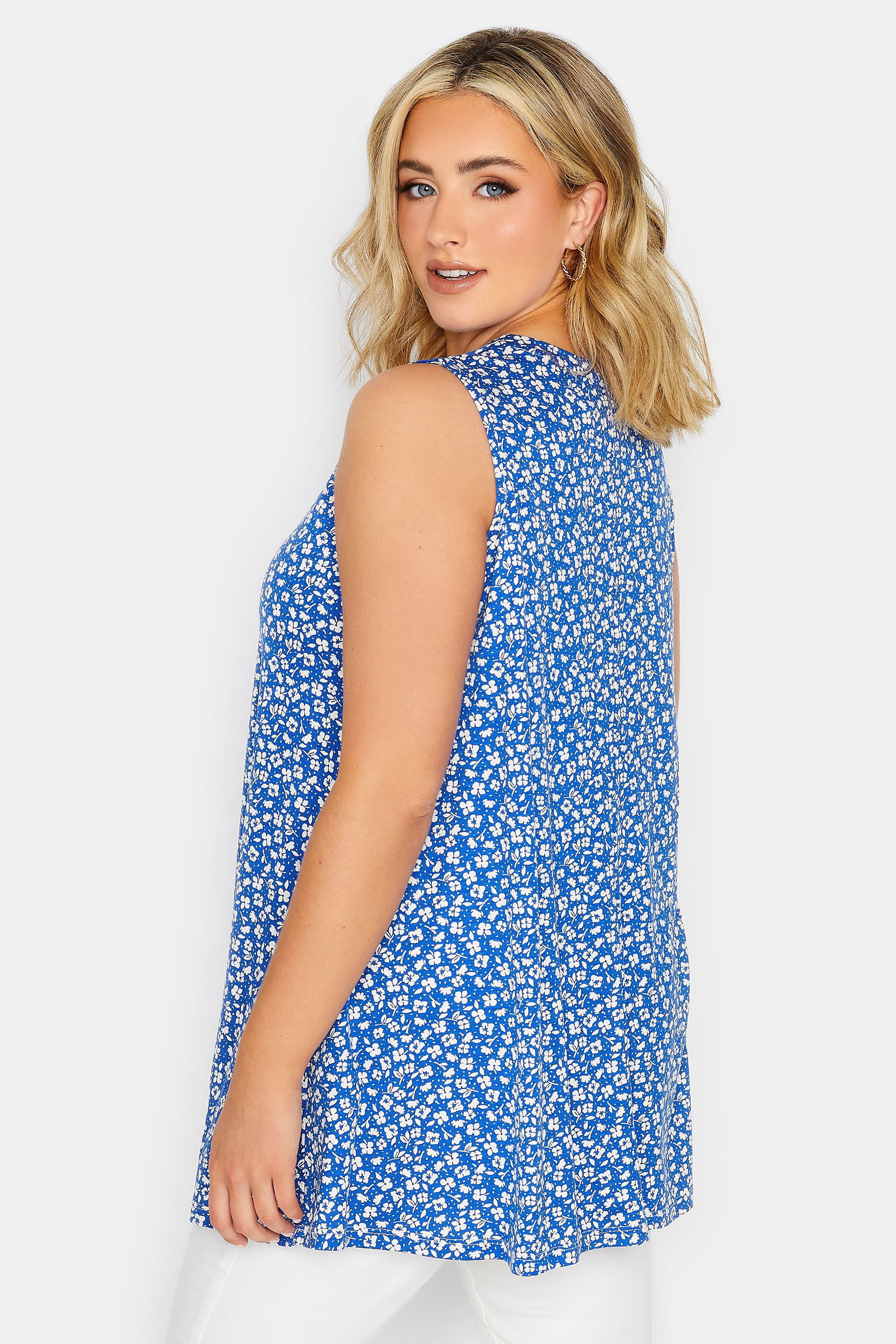 YOURS Plus Size Blue Floral Print Pleat Front Vest Top | Yours Clothing 3
