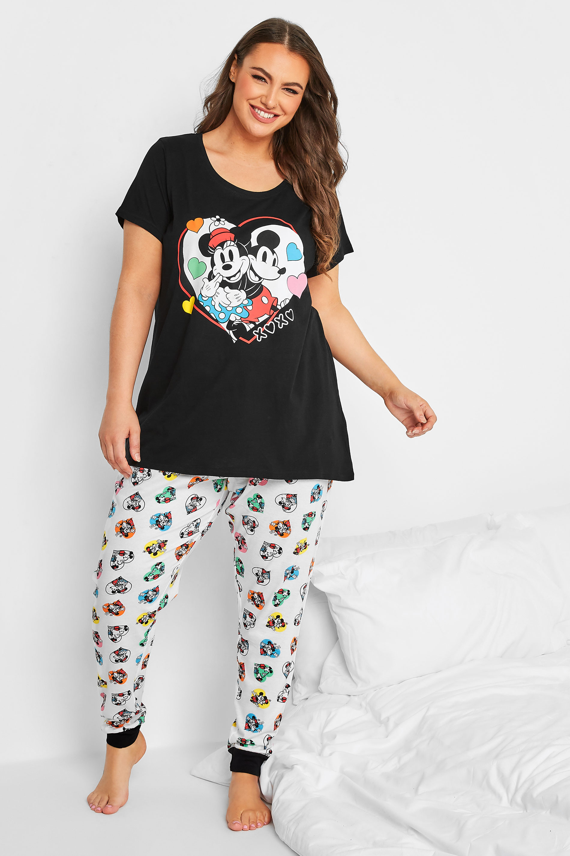 DISNEY Plus Size Black Cuffed Mickey and Minnie Pyjama Set 2