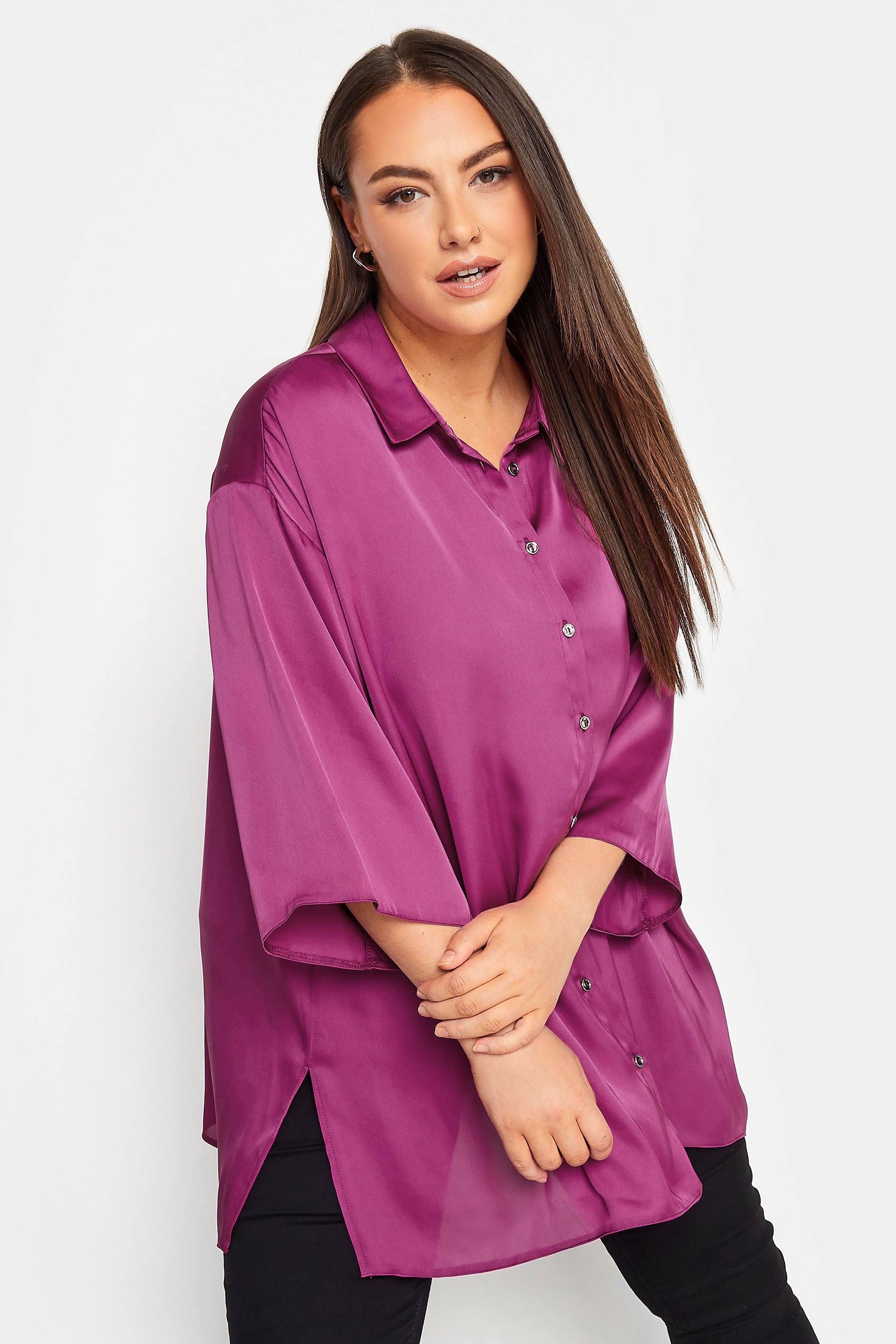 YOURS Curve Plus Size Pink Satin Shirt | Yours Clothing  1