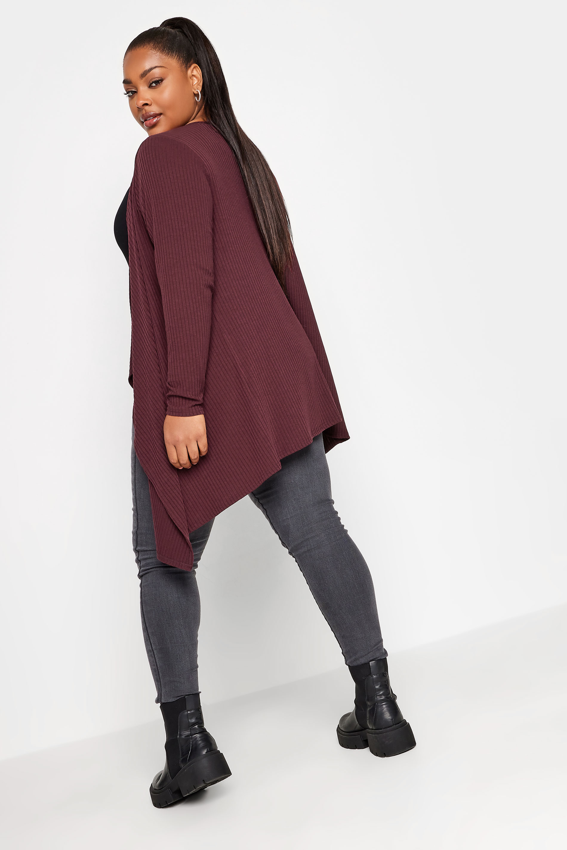 YOURS Plus Size Burgundy Red Ribbed Waterfall Cardigan | Yours Clothing 3
