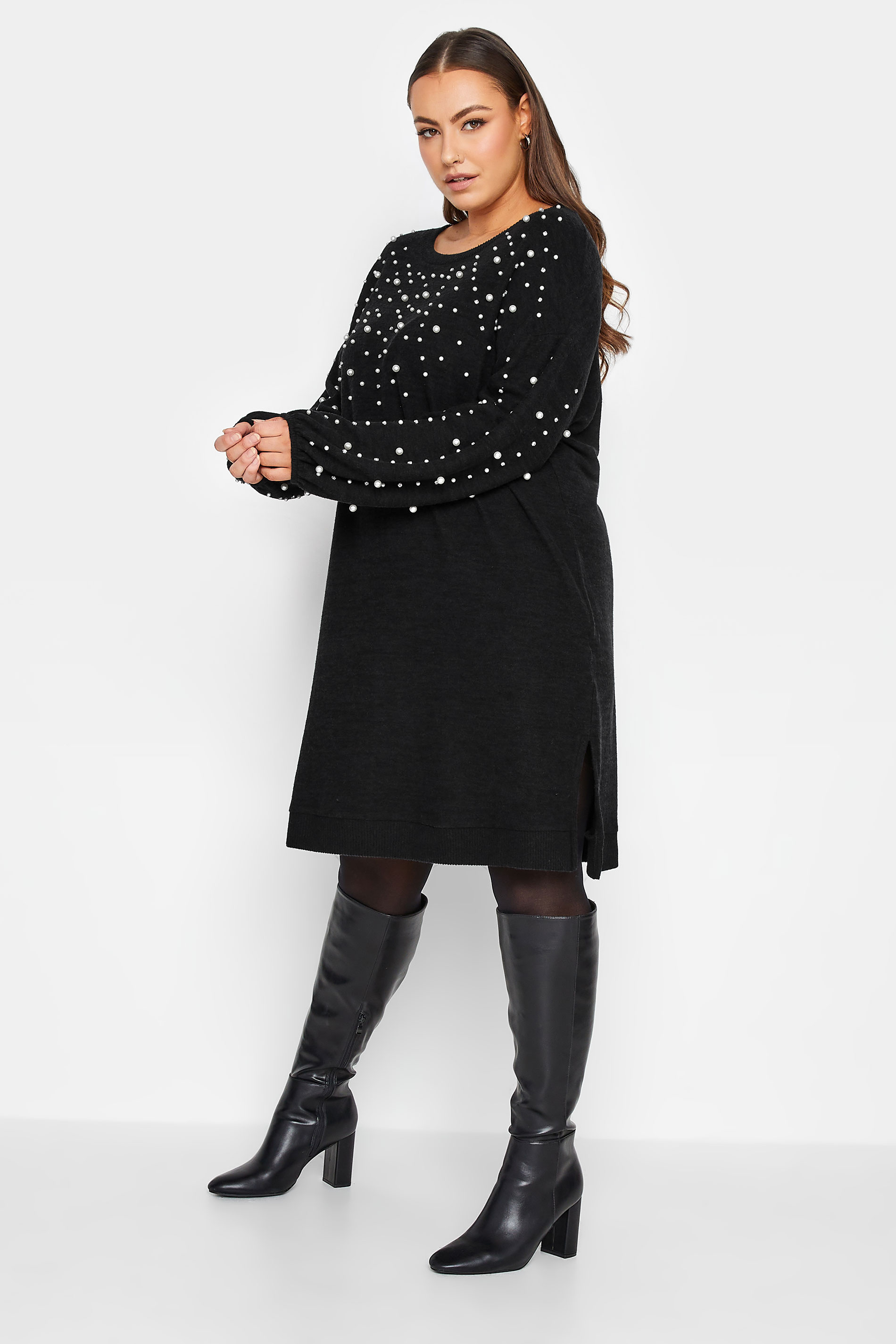 YOURS LUXURY Plus Size Black Soft Touch Embellished Jumper Dress | Yours Clothing 2