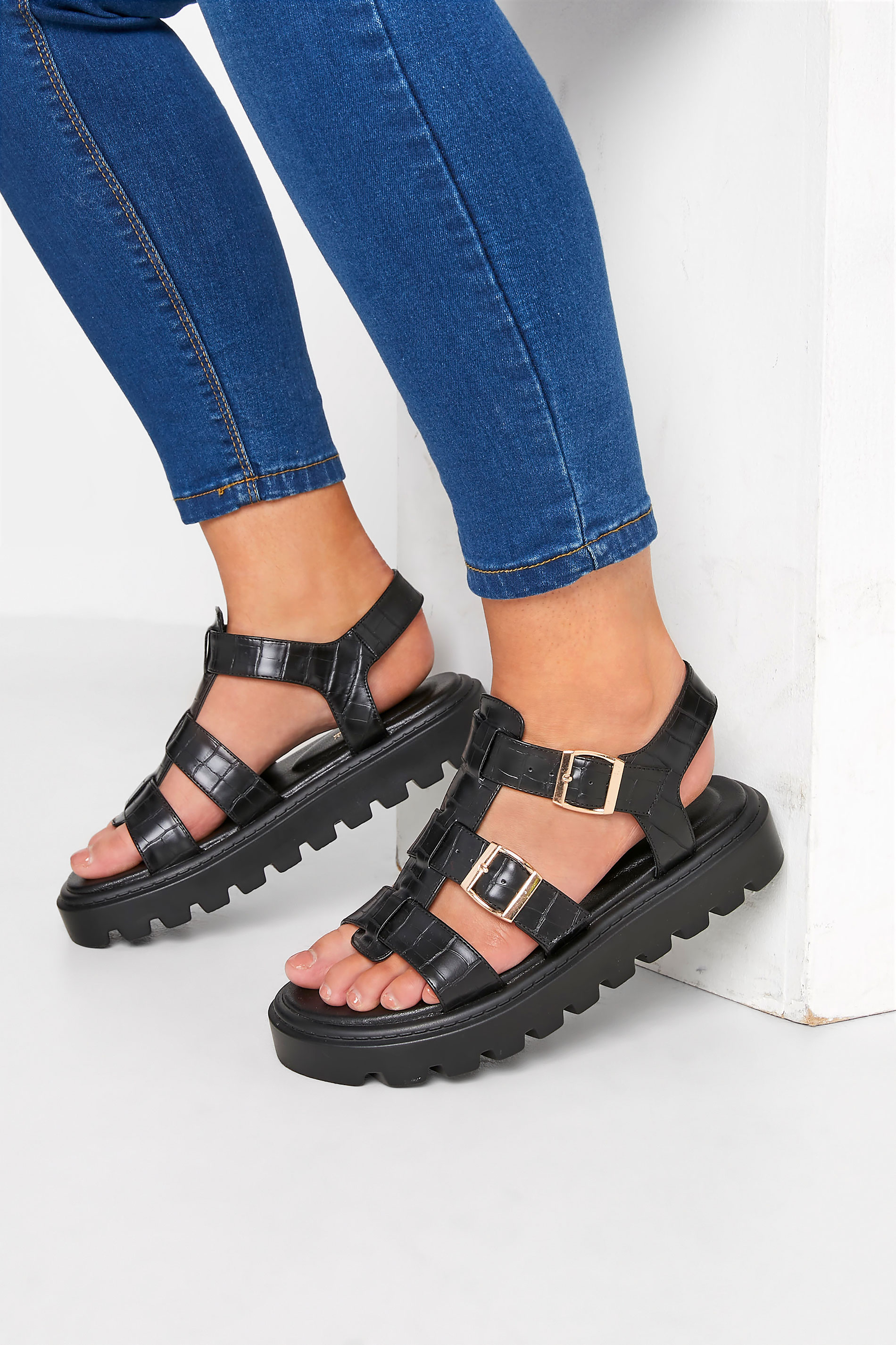 LIMITED COLLECTION Plus Size Black Croc Gladiator Sandals In Extra Wide Fit | Yours Clothing 1