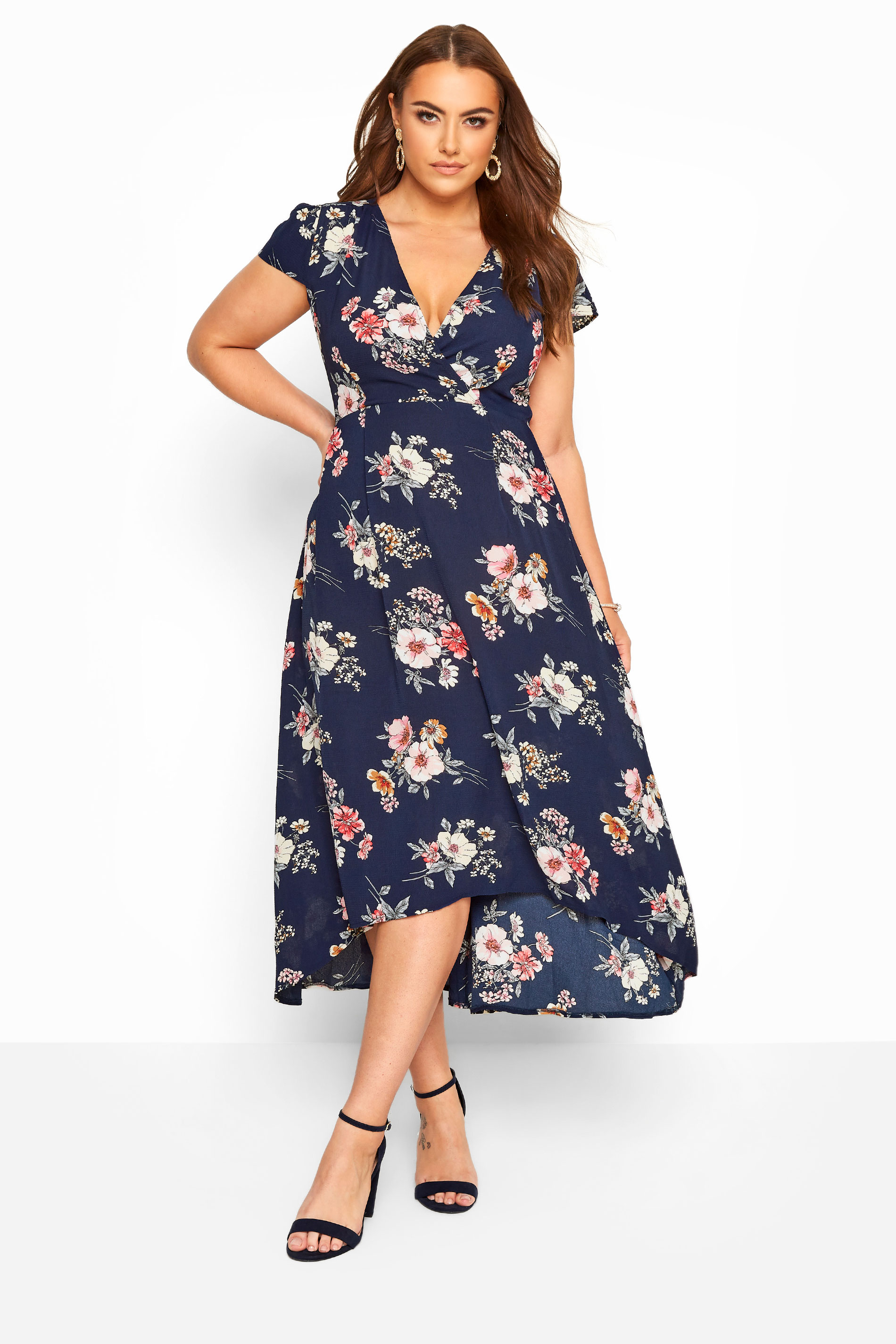 YOURS LONDON Navy & Pink Floral Wrap Dress Yours Clothing
